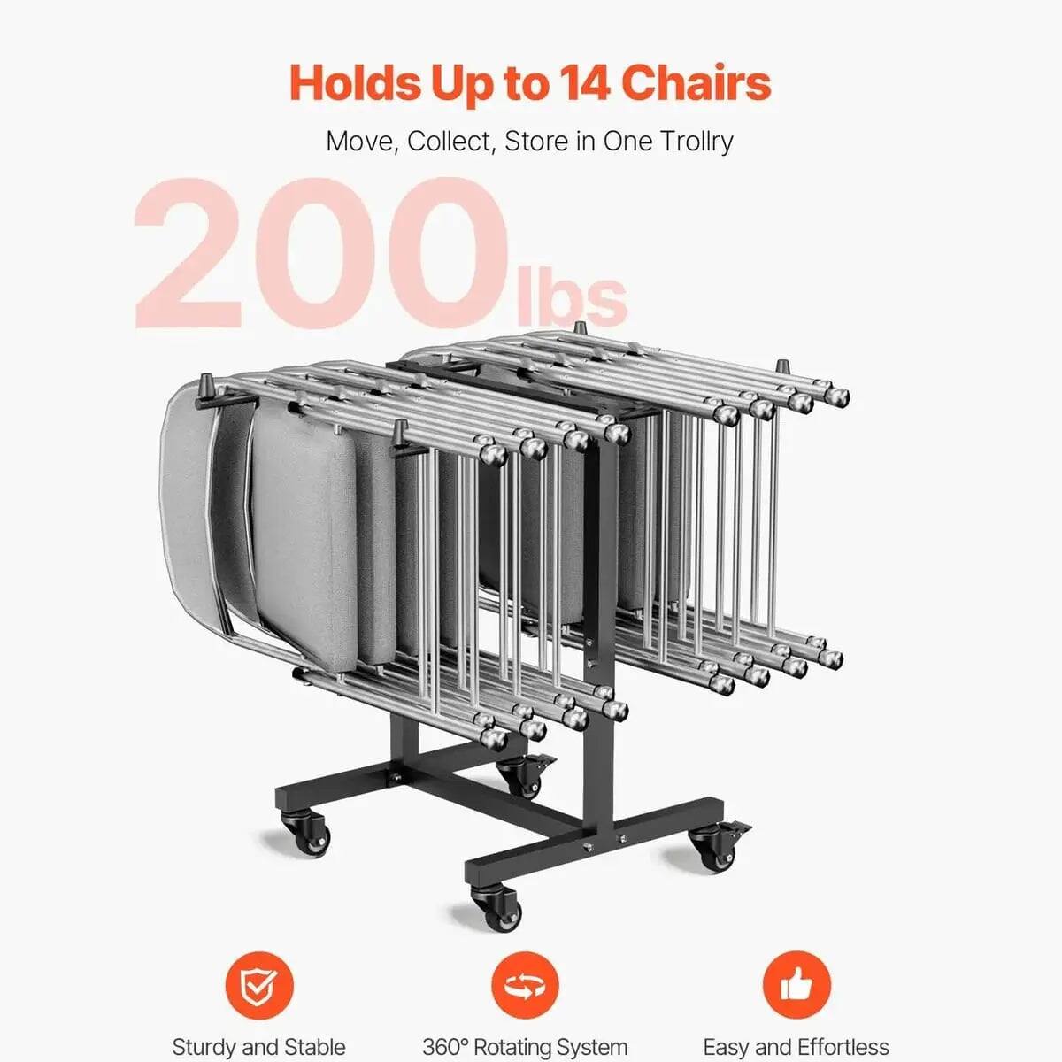 Holds Up to 14 Chairs  
Move, Collect, Store in One Trolley  
200 lbs  

Sturdy and Stable  
360° Rotating System  
Easy and Effortless