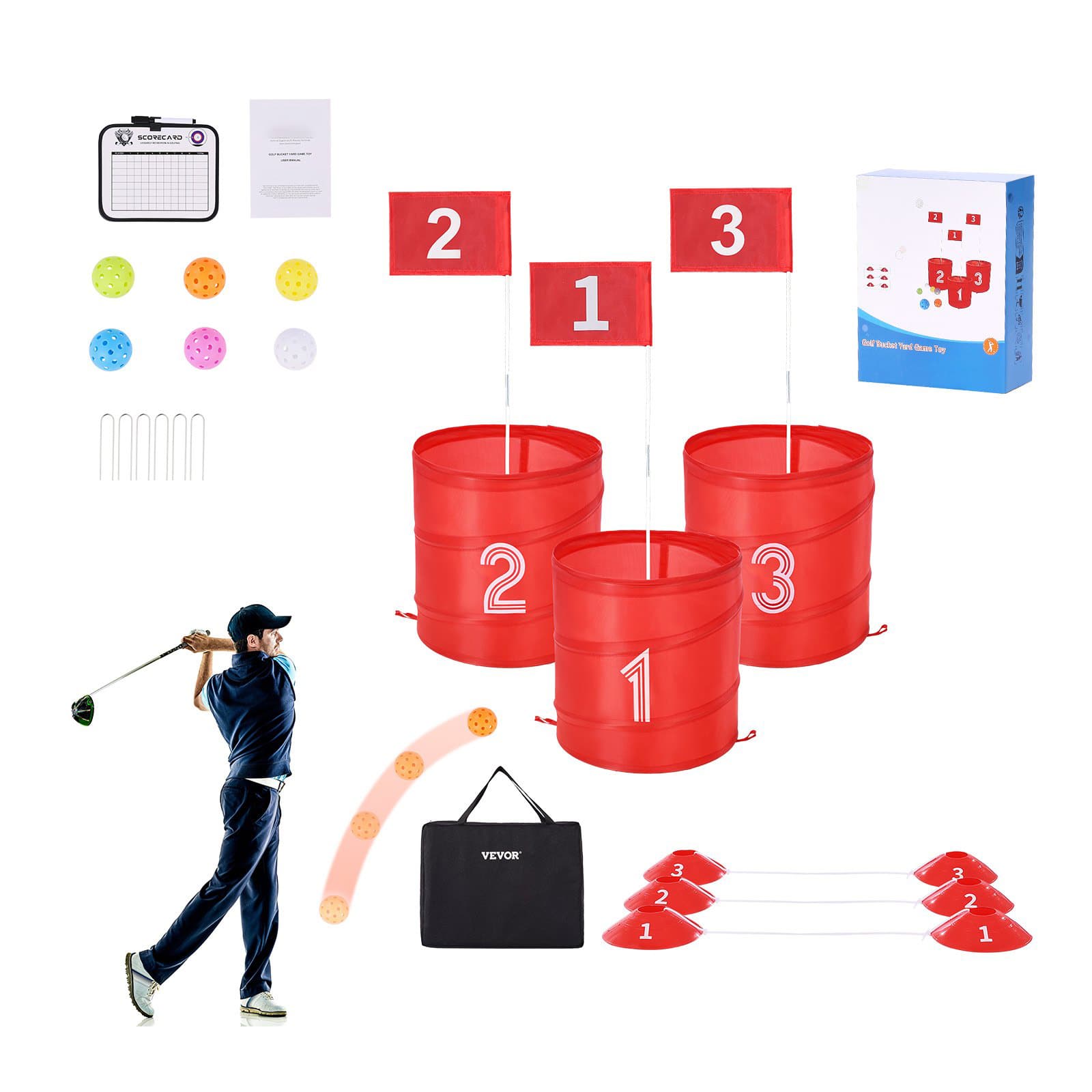 HONGGE - Outdoor Golf Yard Game Set with Buckets Balls Flags and Storage Bag - Red