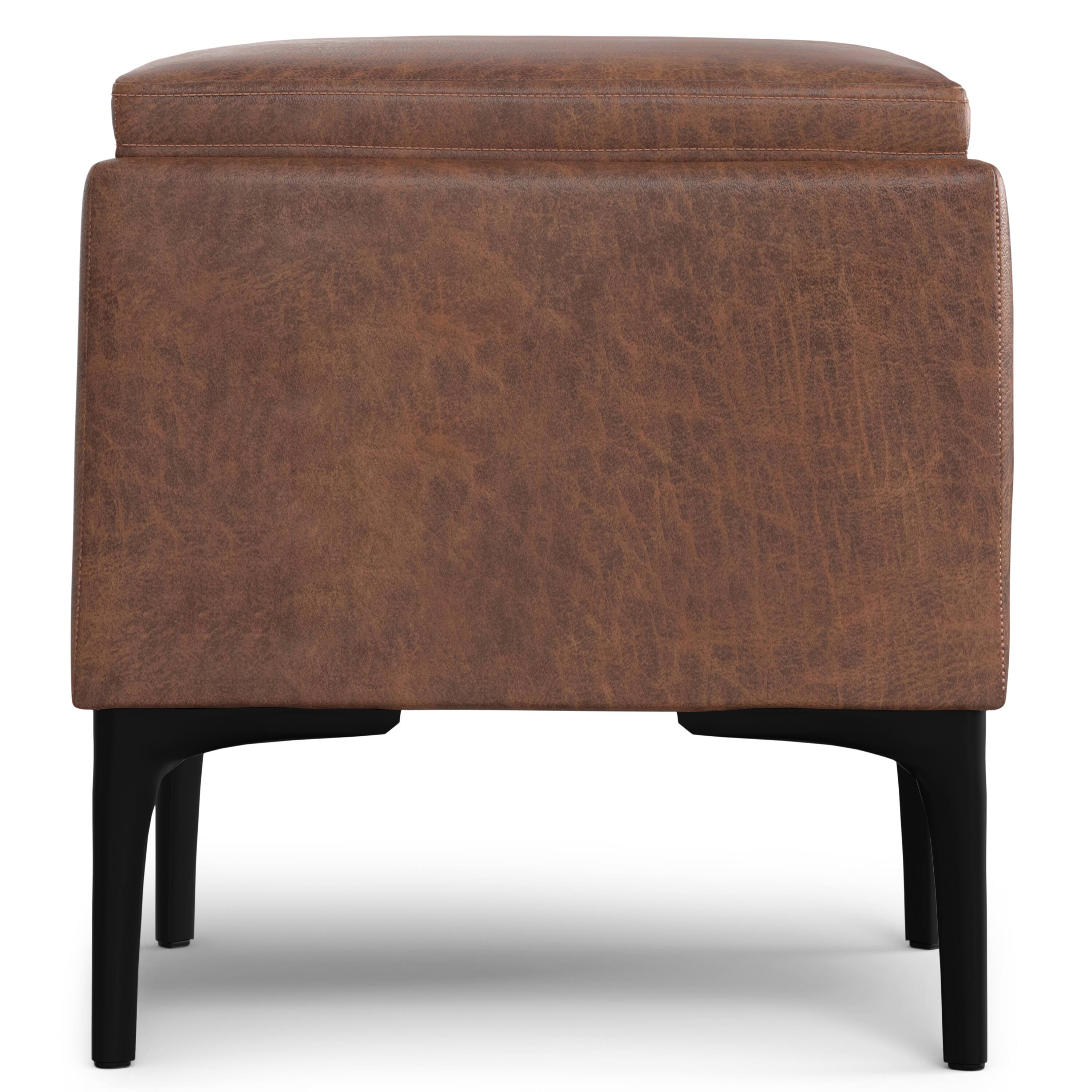 Alt View 1. Simpli Home - Natasha 18 inch Square Mid Century Storage Ottoman with Tray in Distressed Saddle Brown  Vegan Faux Leather, Assembled - Distressed Saddle Brown.