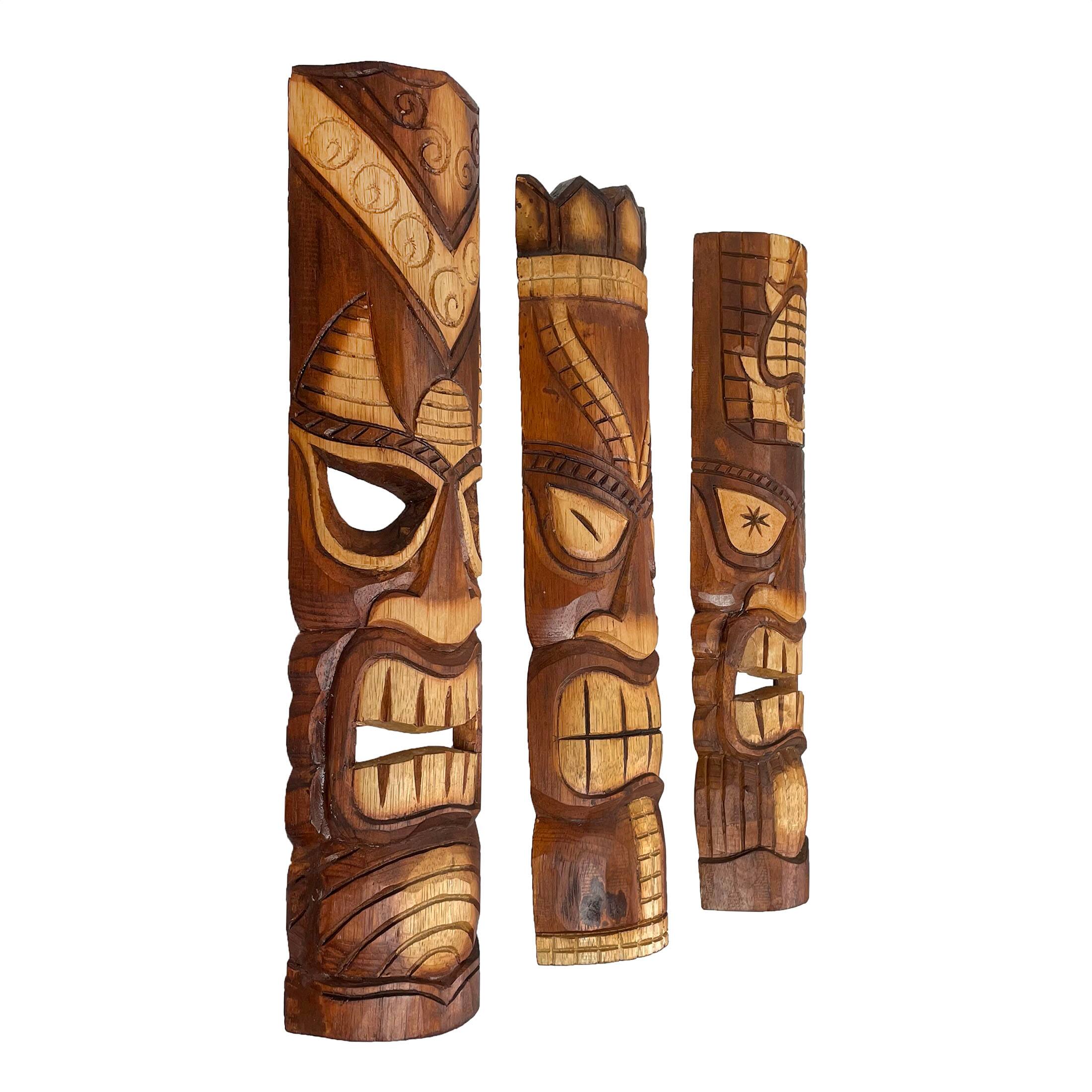 Alt View 1. Zeckos - 24 Inch Hand Carved Tiki Mask Wall Decor Tropical Beach Home Hanging Art Set / 3 - Brown.