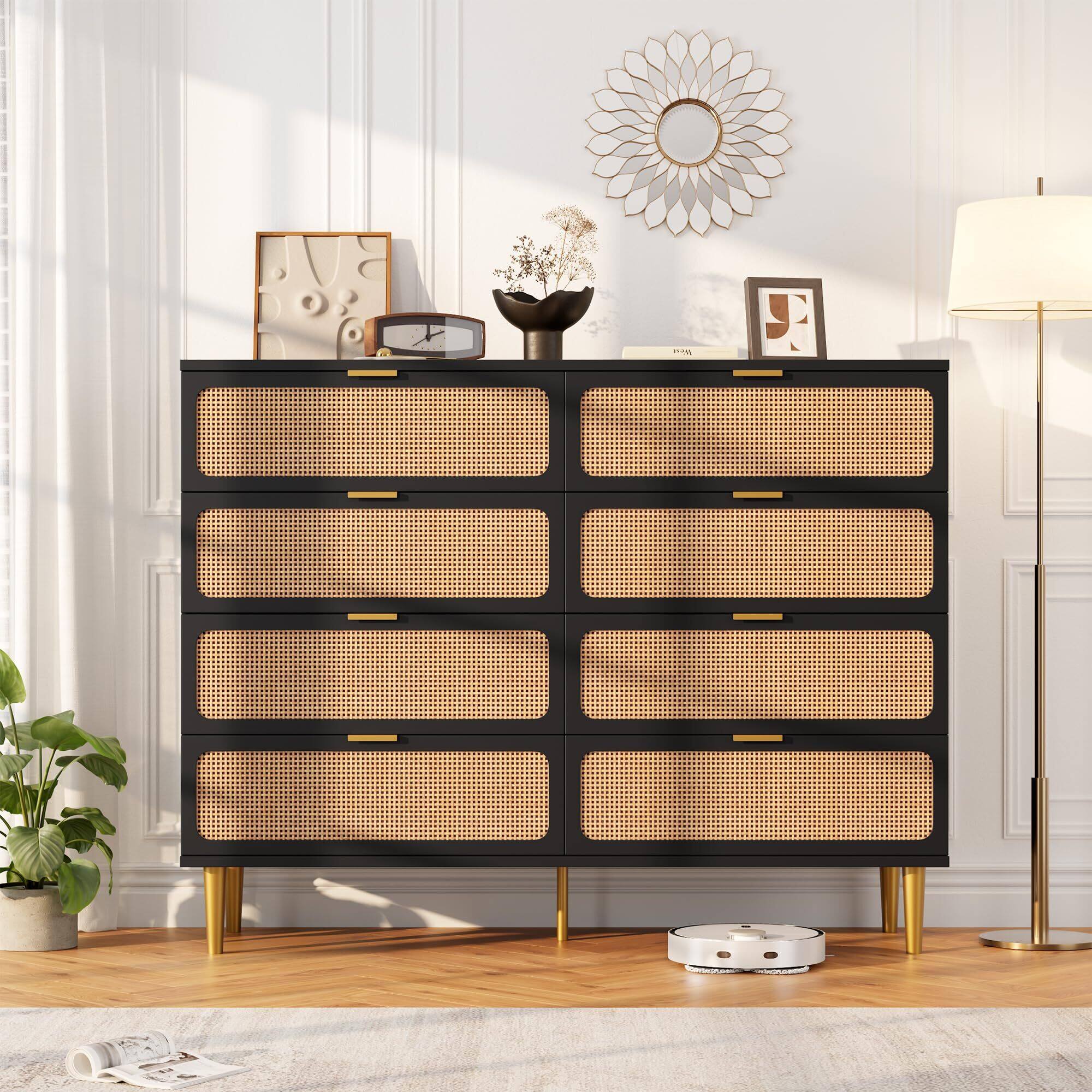 Front. Babevy - Rattan 8-Drawer Dresser, Tall Chest of Drawers with Deep Storage and Wide Top, Large Wooden Dresser for Bedroom - Black.