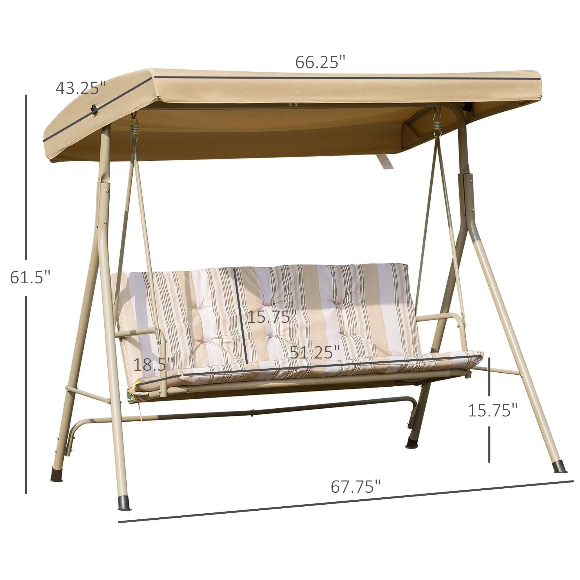 The dimensions of the hammock chair are as follows:

- Width: 66.25"
- Depth: 61.5"
- Height: 43.25"
- Seat Width: 51.25"
- Seat Depth: 18.5"
- Armrest Height: 15.75"
- Overall Length: 67.75"