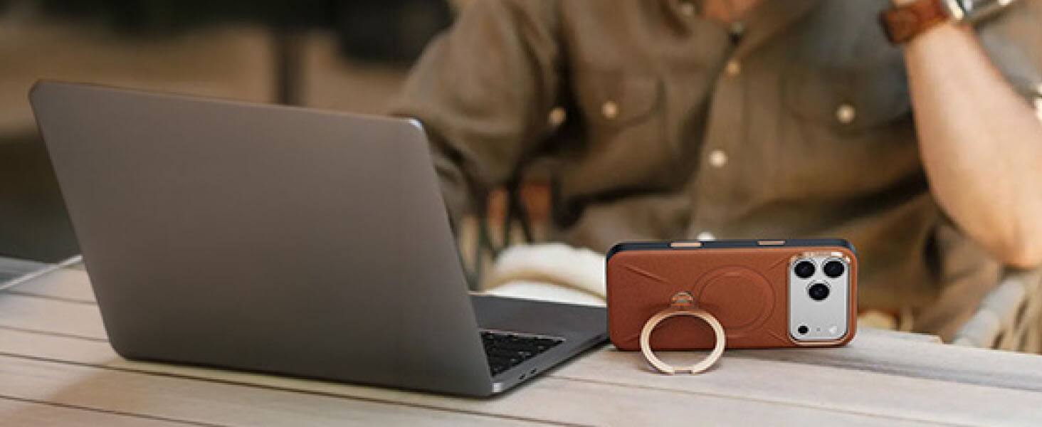 Alt View 4. TORRAS - TORRAS Ostand Q3 Vegan Leather Case for iPhone 18 Pro Max / iPhone 17 Pro Max, Magnetic Case with 360° Ring Stand - Amber Brown.