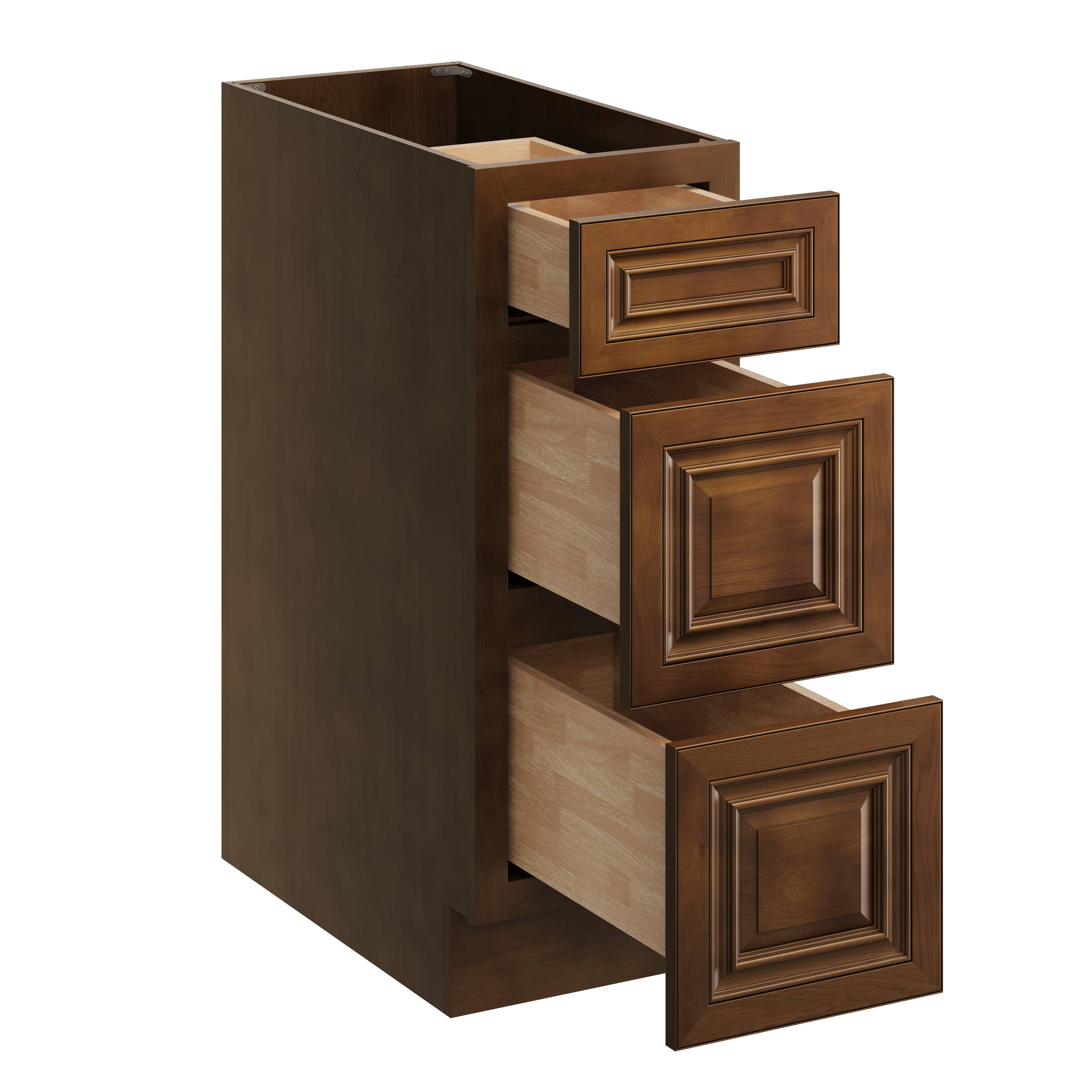Alt View 1. Boyel Living - 12 Inch Dark Caramel 3-Drawer Base Cabinet with Solid Wood and Soft-Close Slides - Dark Caramel.
