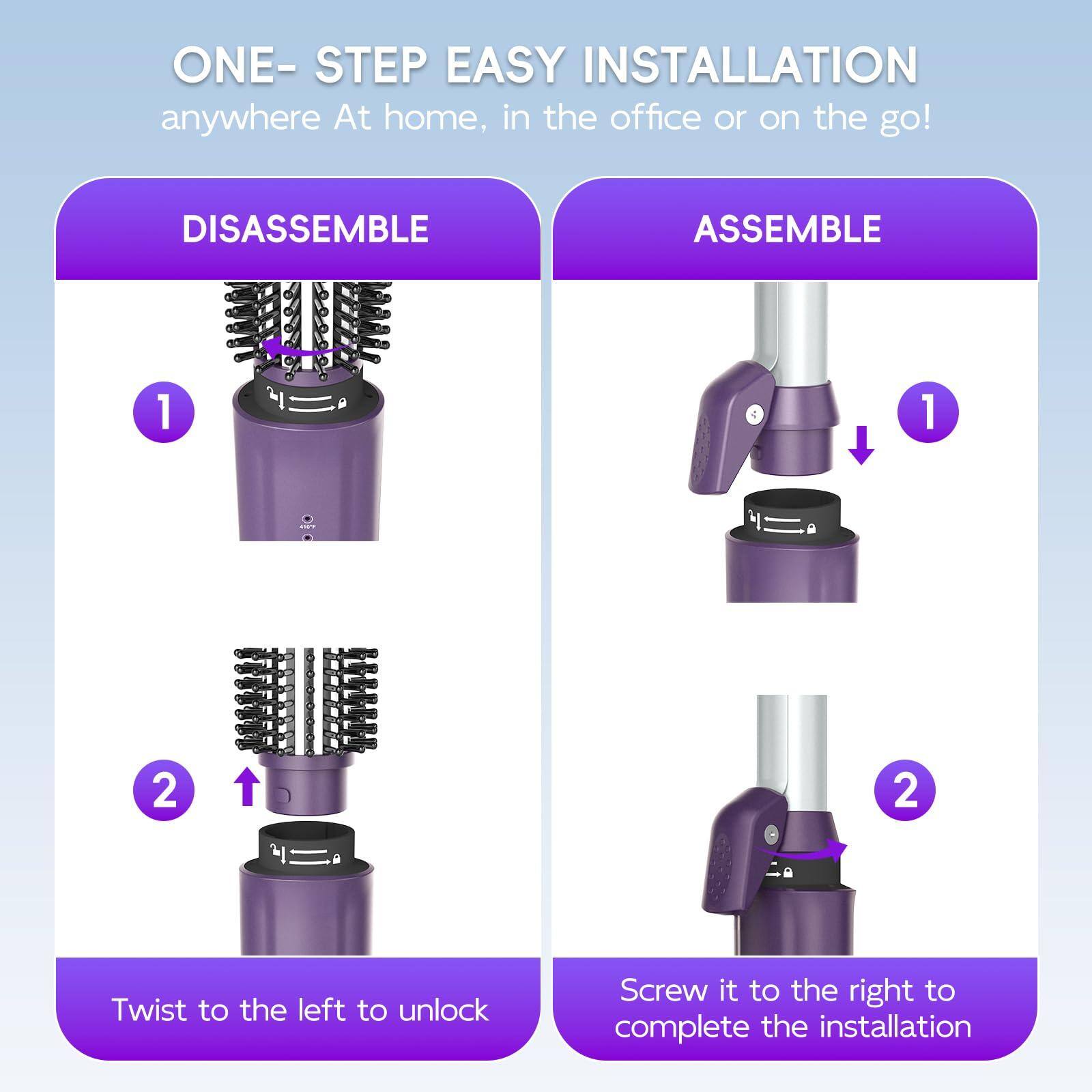 ONE-STEP EASY INSTALLATION  
anywhere At home, in the office or on the go!

**DISASSEMBLE**  
1. Twist to the left to unlock  
2.  

**ASSEMBLE**  
1. Screw it to the right to complete the installation  
2.