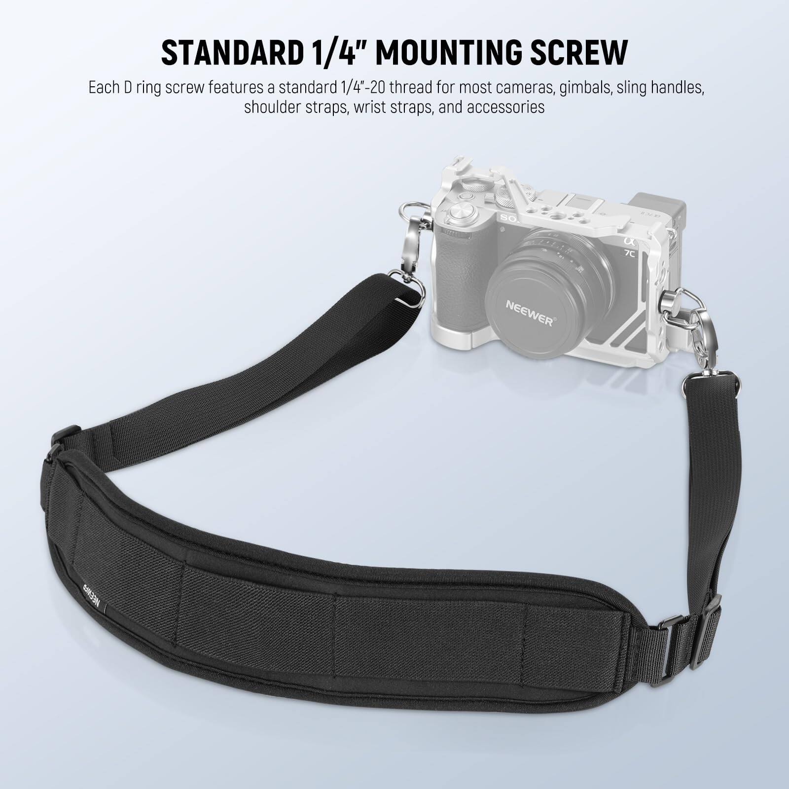STANDARD 1/4" MOUNTING SCREW

Each D ring screw features a standard 1/4"-20 thread for most cameras, gimbals, sling handles, shoulder straps, wrist straps, and accessories.