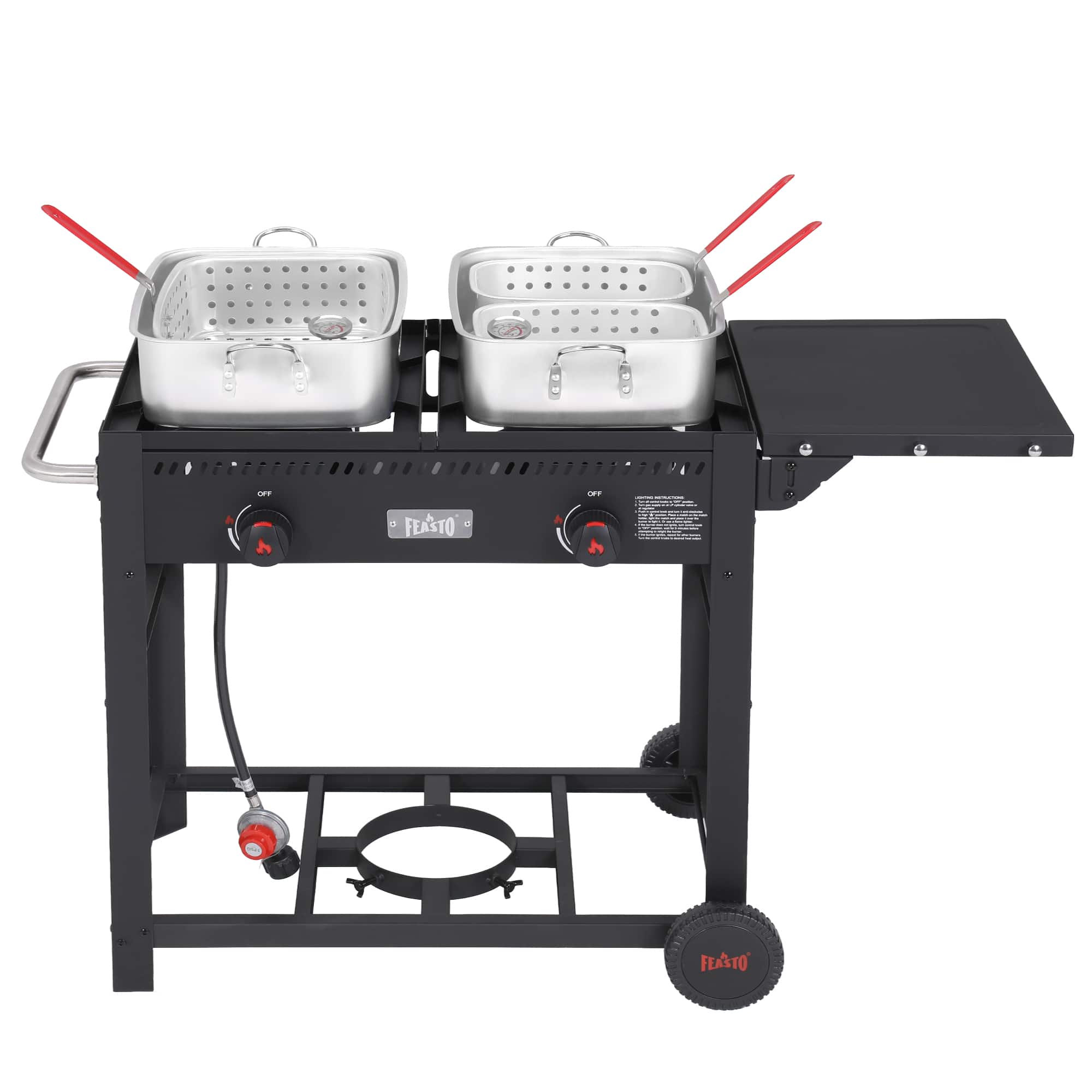 FEASTO - Outdoor Propane Deep Fryer with Cart, 2-Burner 100K BTU, 2×18QT Pots & 3 Baskets, Portable - Black