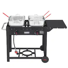FEASTO - Outdoor Propane Deep Fryer with Cart, 2-Burner 100K BTU, 2×18QT Pots & 3 Baskets, Portable - Black