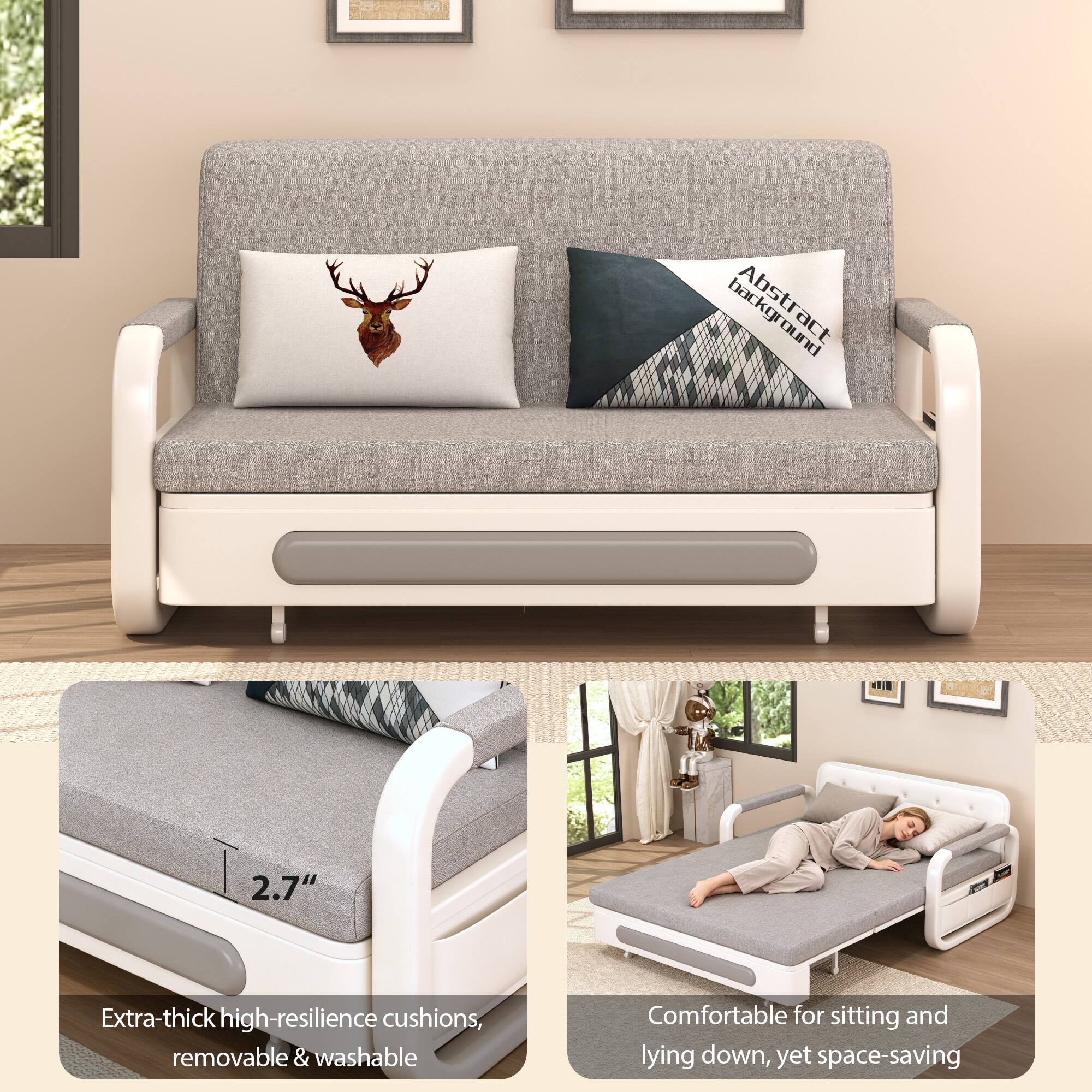 Background: 2.7" Extra-thick high-resilience cushions, removable & washable. Comfortable for sitting and lying down, yet space-saving