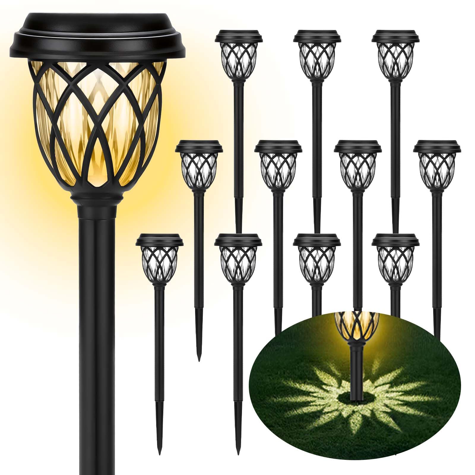 Front. Dazzed Corner - Solar Pathway Lights 12-Pack Outdoor Waterproof IP65, Warm White - Black.