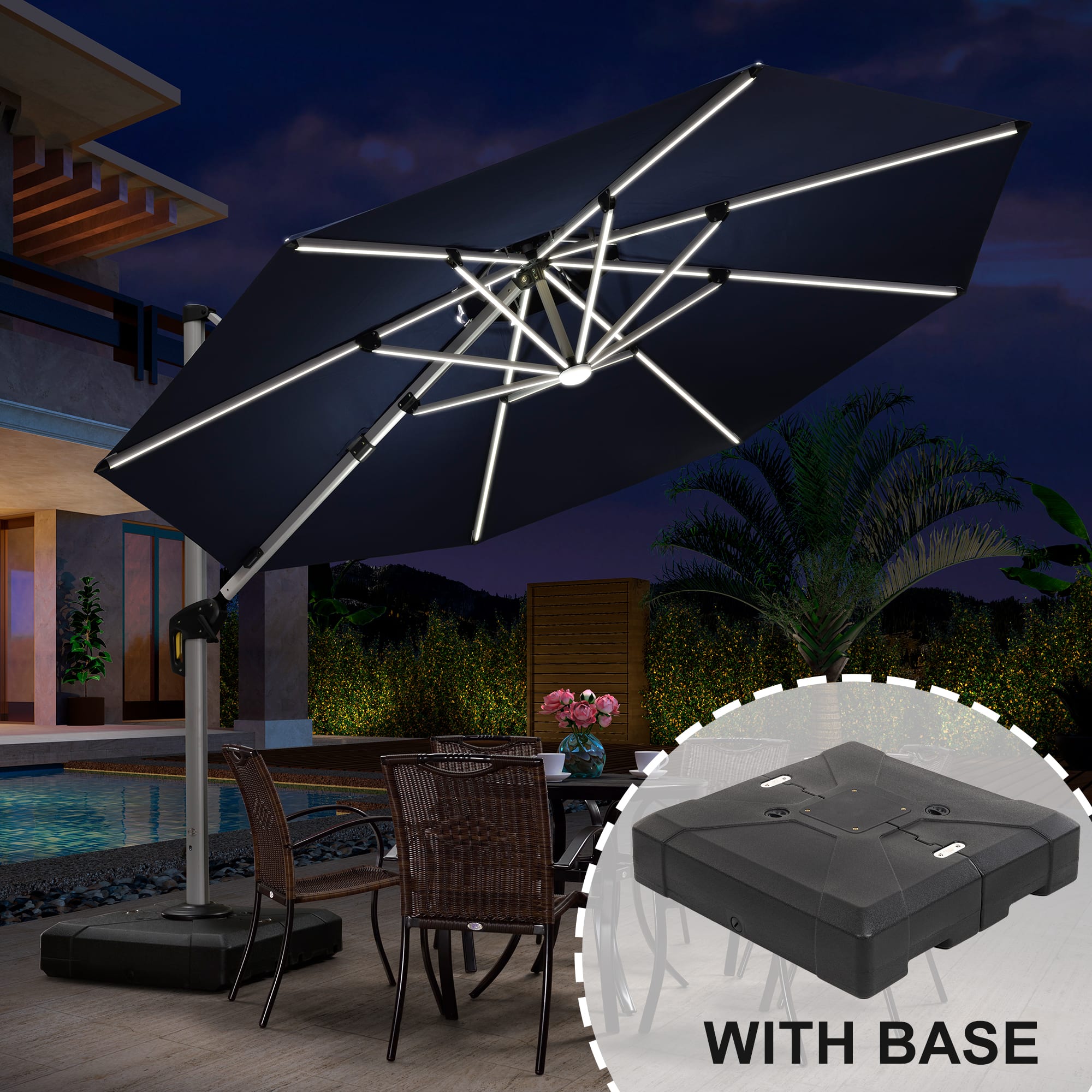 PURPLE LEAF - 11 ft. Patio Octagon Aluminum Solar Powered LED Cantilever Outdoor Offset Umbrella with Base for Garden Deck Pool - Navy Blue