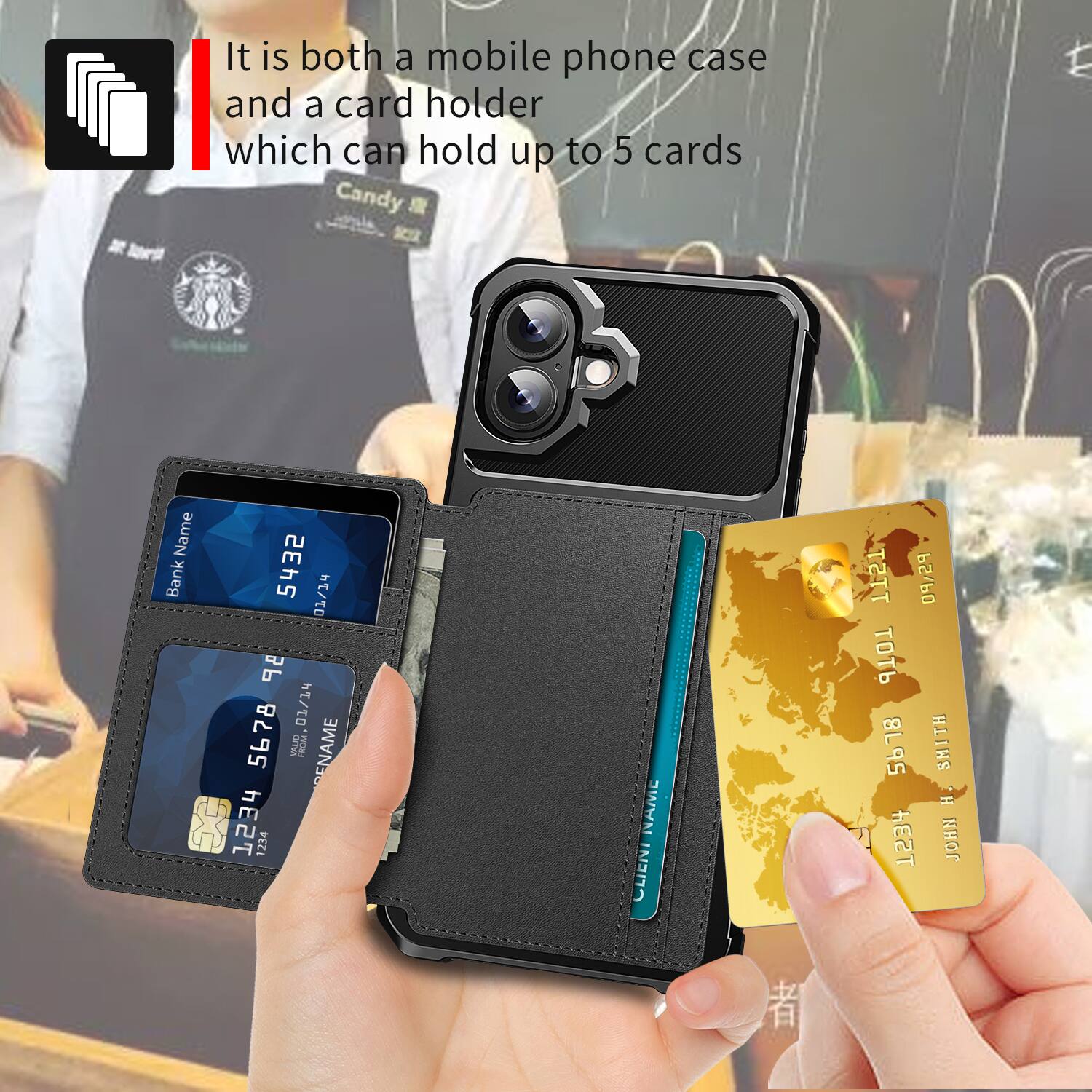 It is both a mobile phone case and a card holder which can hold up to 5 cards. Candy Name Bank 5432 01/14 01/14 5678 VALID INCRS ENAME 1234 1234 NAME CLIENT NAME PS\PO TH 5618 SHIT H HE2T JOHN