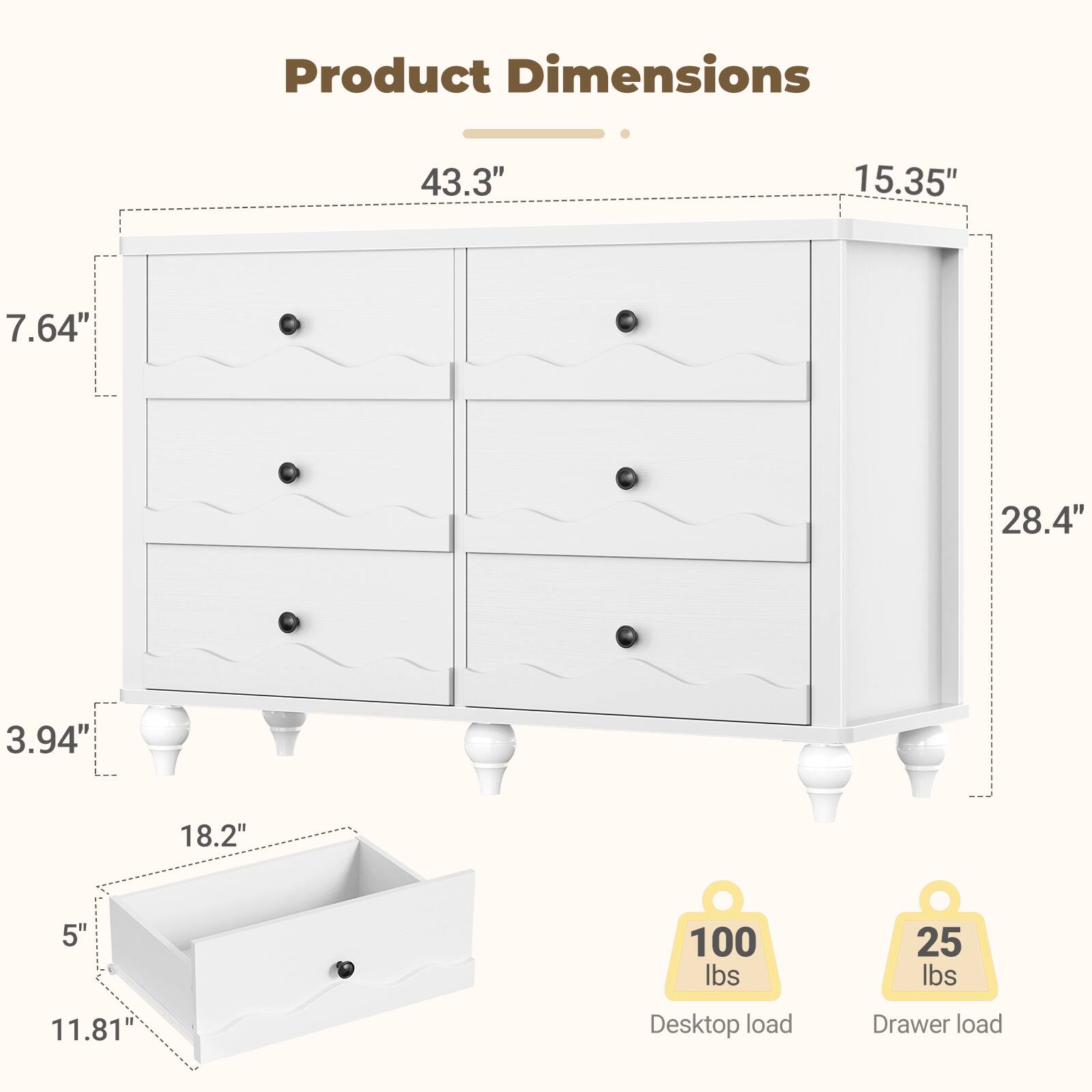 Product Dimensions

- 43.3" (Width)
- 15.35" (Depth)
- 7.64" (Height)
- 28.4" (Height)
- 3.94" (Height)
- 18.2" (Drawer Width)
- 5" (Drawer Depth)
- 11.81" (Drawer Height)

- Desktop load: 100 lbs
- Drawer load: 25 lbs