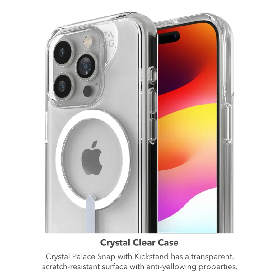 The image shows a Crystal Clear Case for an iPhone, which features a transparent, scratch-resistant surface with anti-yellowing properties. The case also has a kickstand, allowing the phone to stand upright when placed on a flat surface.