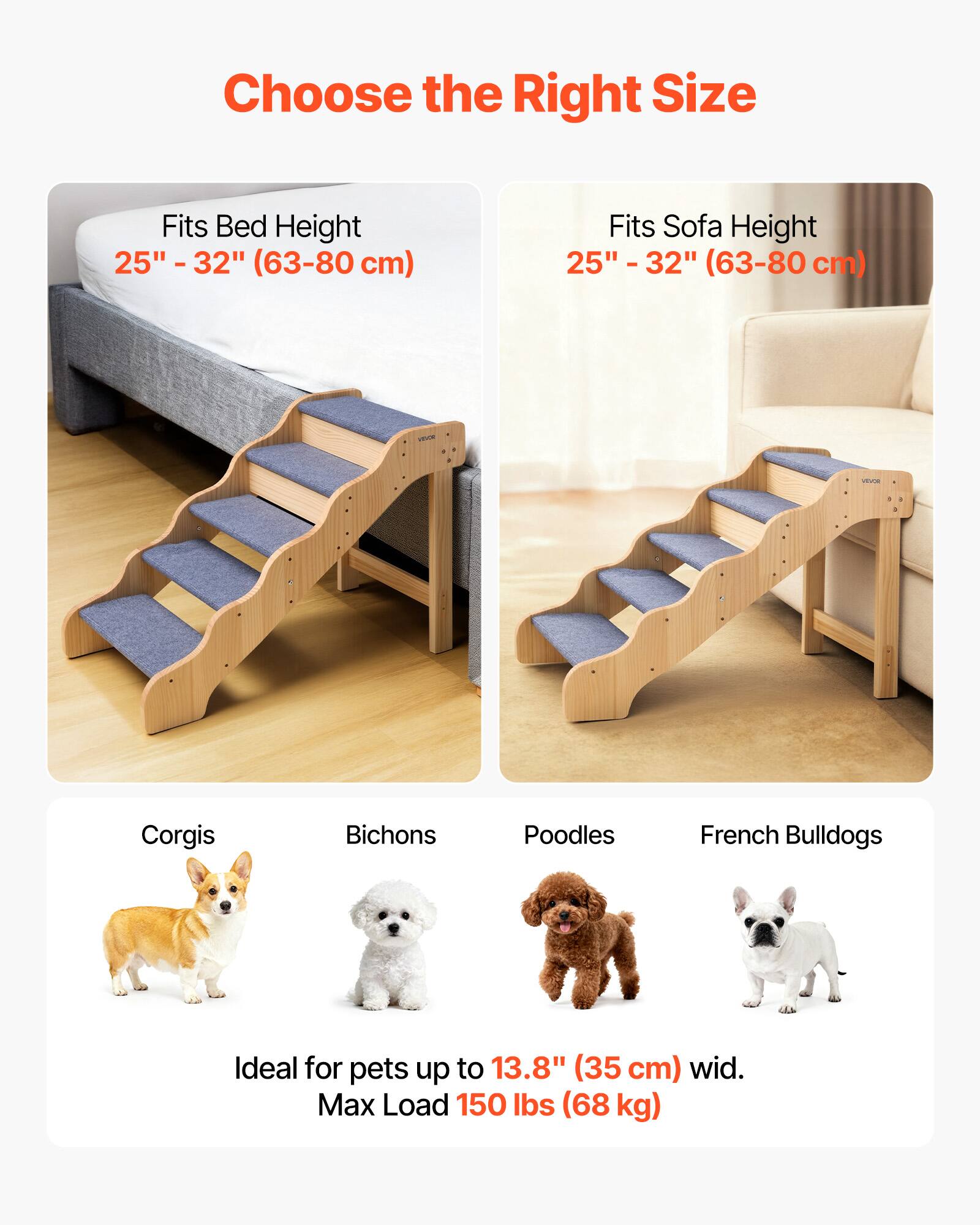 Choose the Right Size

Fits Bed Height  
25" - 32" (63-80 cm)

Fits Sofa Height  
25" - 32" (63-80 cm)

Ideal for pets up to 13.8" (35 cm) wide.

Max Load 150 lbs (68 kg)

Corgis  
Bichons  
Poodles  
French Bulldogs