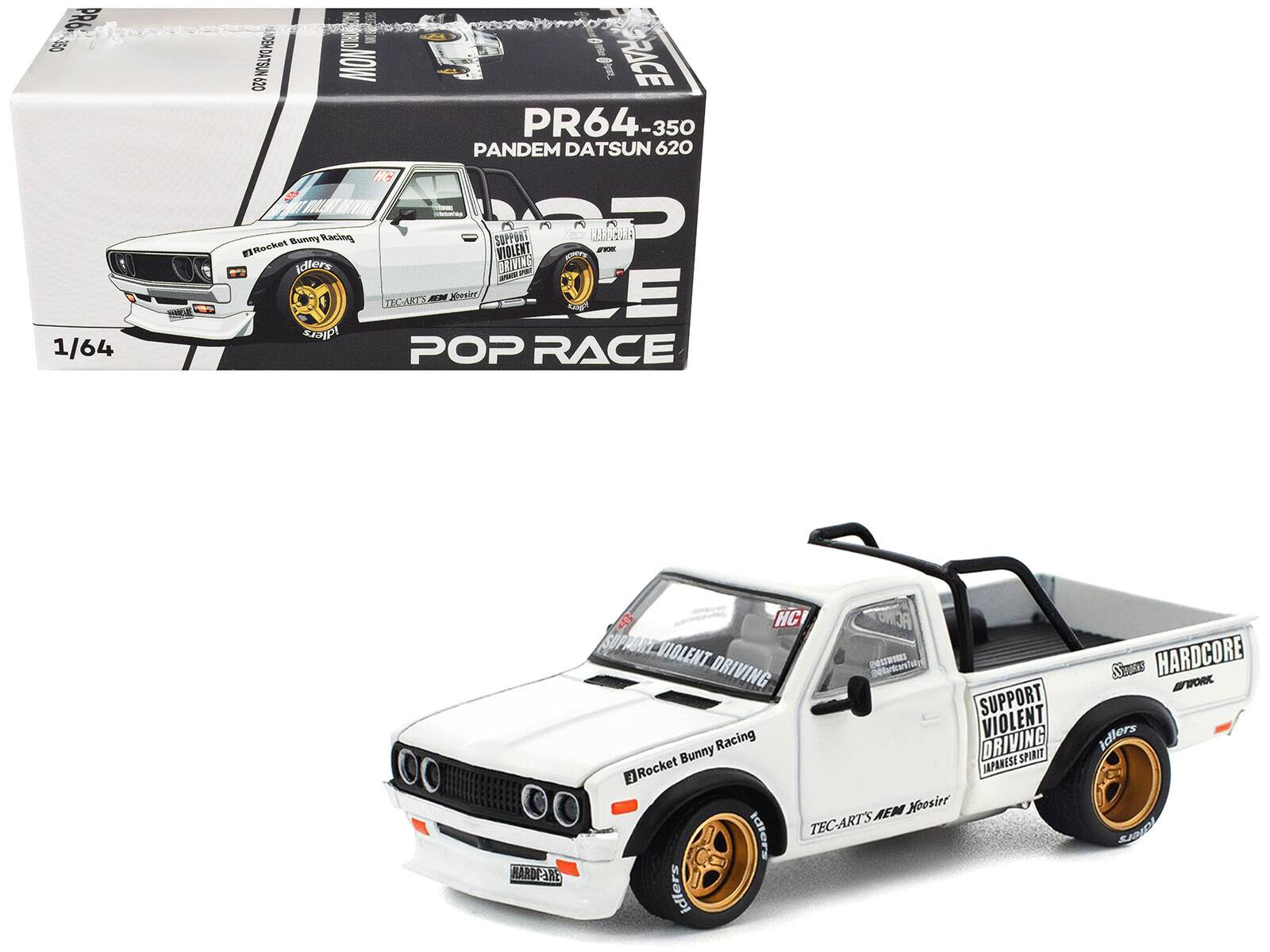 Datsun Pandem 620 Pickup Truck "Rocket Bunny Racing" White with Graphics 1/64 Die Cast Model Car by Pop Race