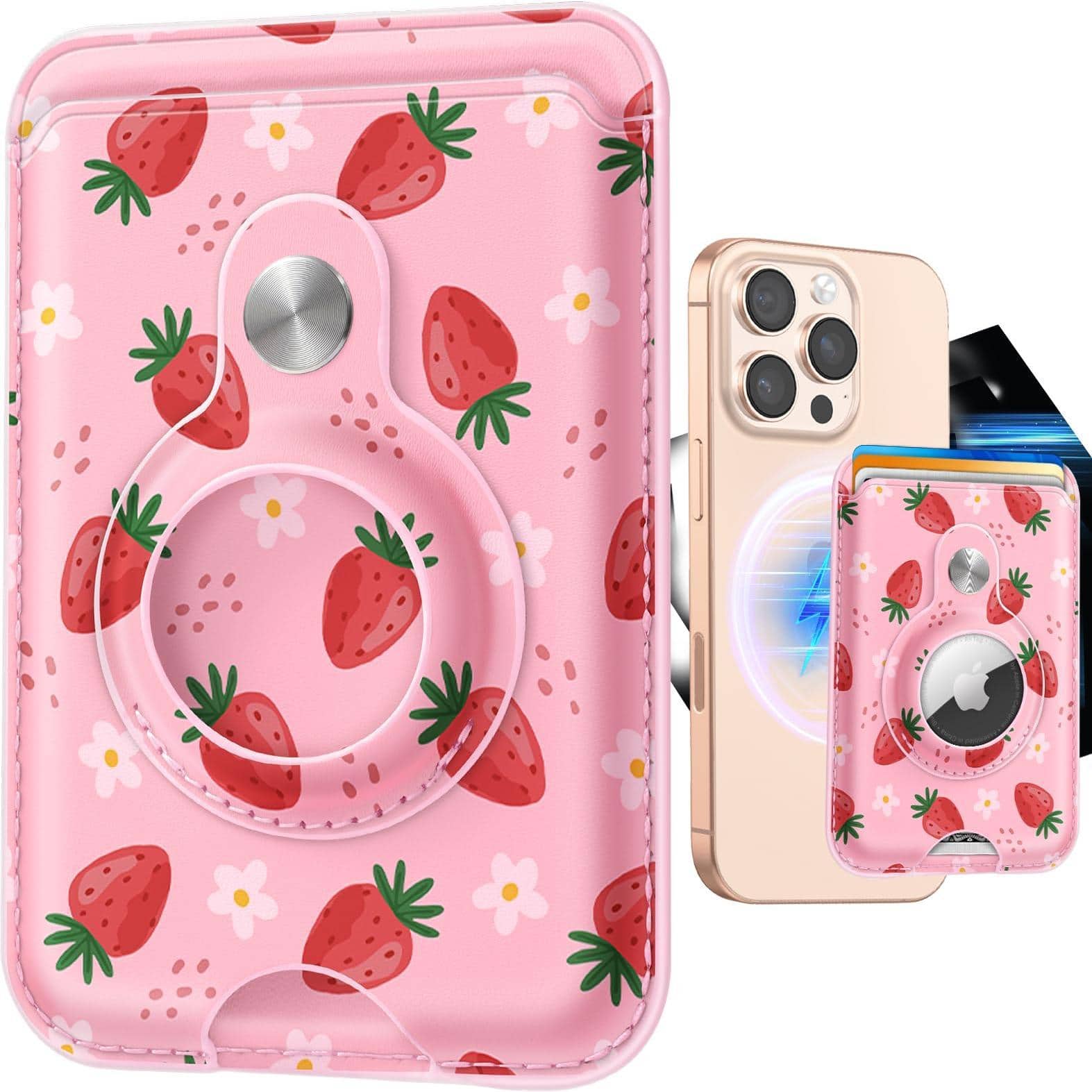 Jadie Link - Magnetic Phone Wallet Airtag Holder Women Cute Card Compatible Magsafe 1615141312 Series Mag Wallets Rfid Fit Cards - Strawberry