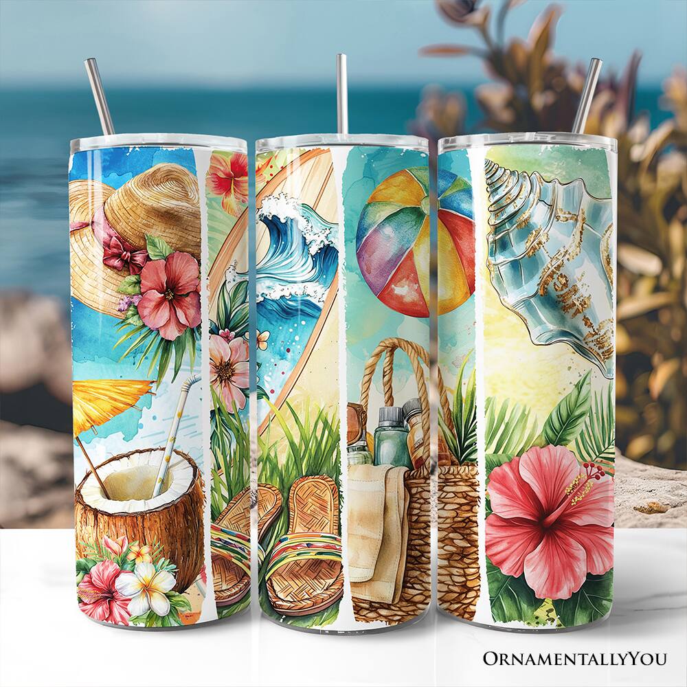 Back. OrnamentallyYou - Summer Vibes 20oz Tumbler With Lid and Stainless Steel Straw - Multicolored.