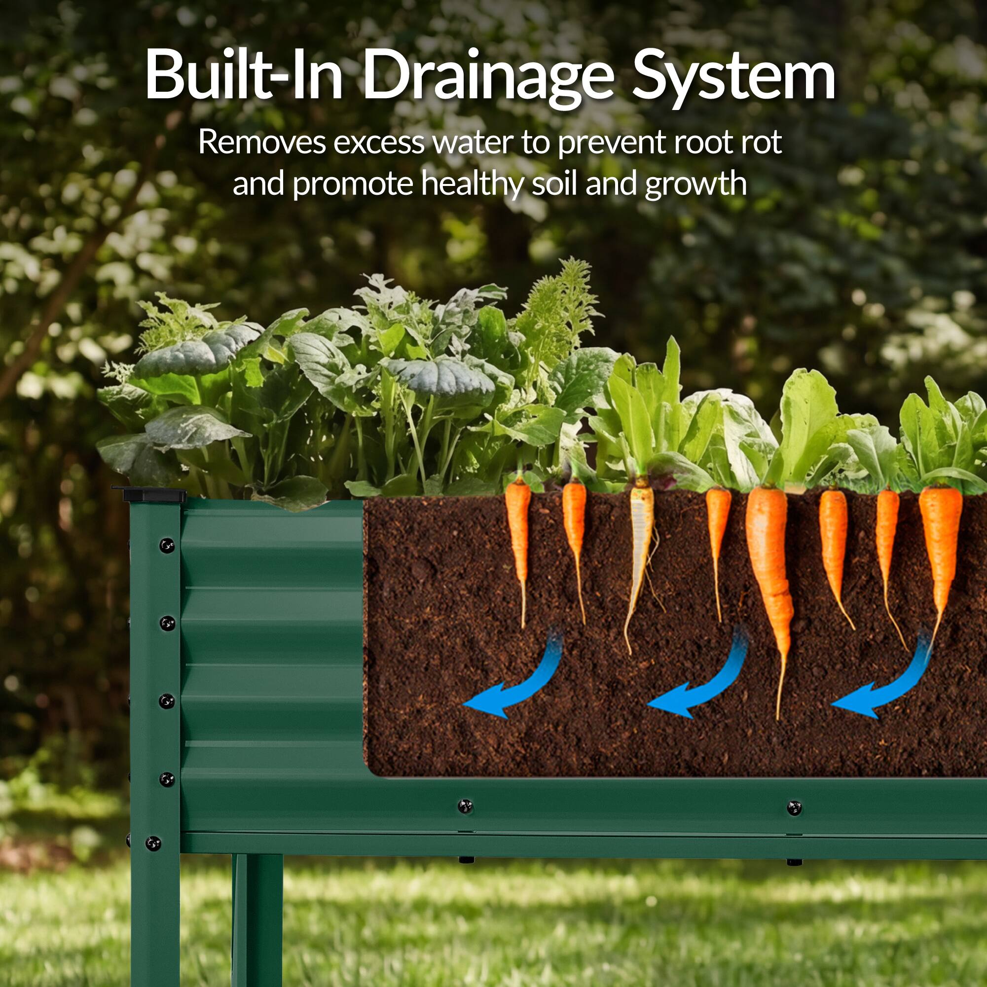 Built-In Drainage System  
Removes excess water to prevent root rot and promote healthy soil and growth