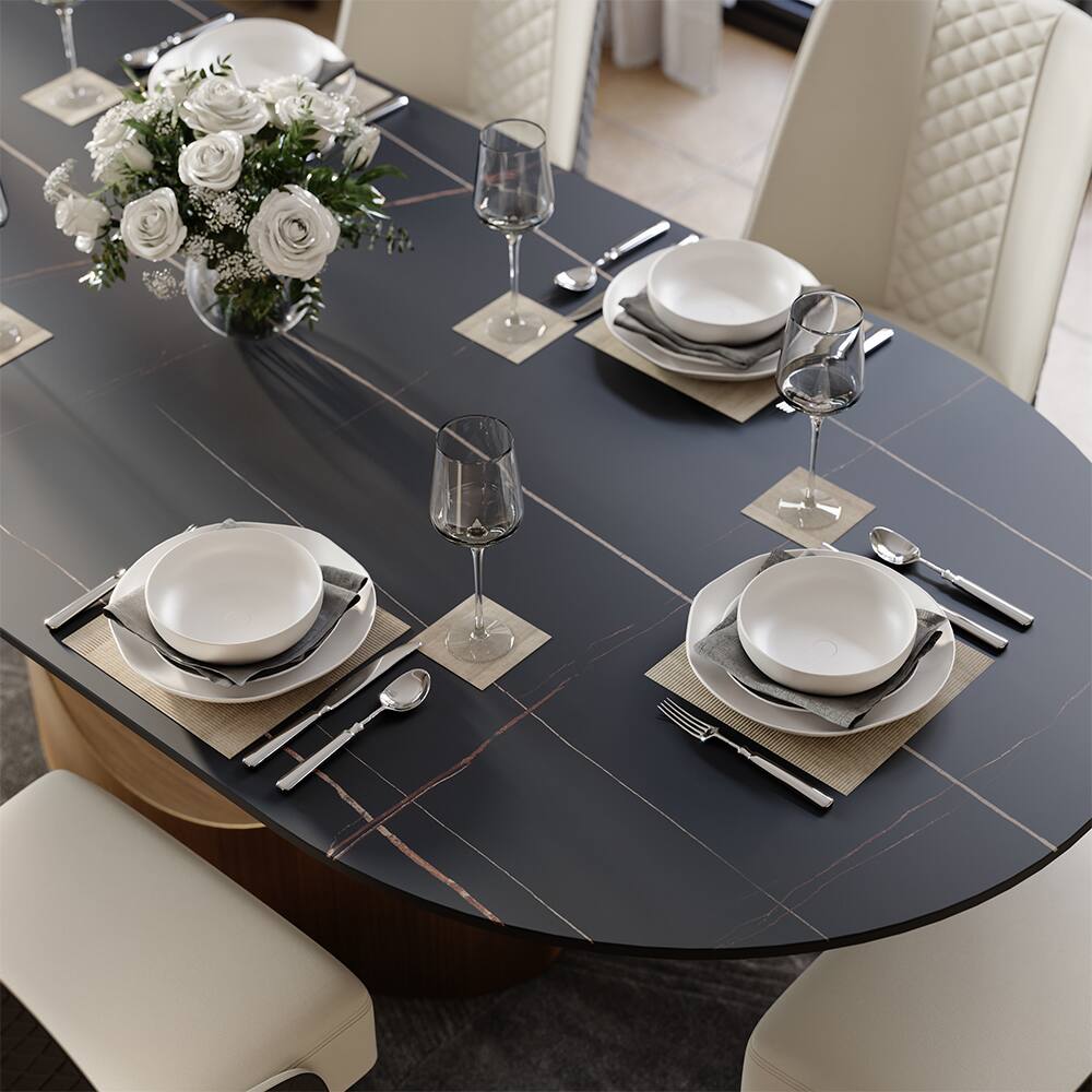 Back. POVISON - 94"Hobart Modern Oval Dining Table for 8-10, Black Oval Matte Sintered Stone Kitchen Table, Bronze Carbon Steel Base - Black.