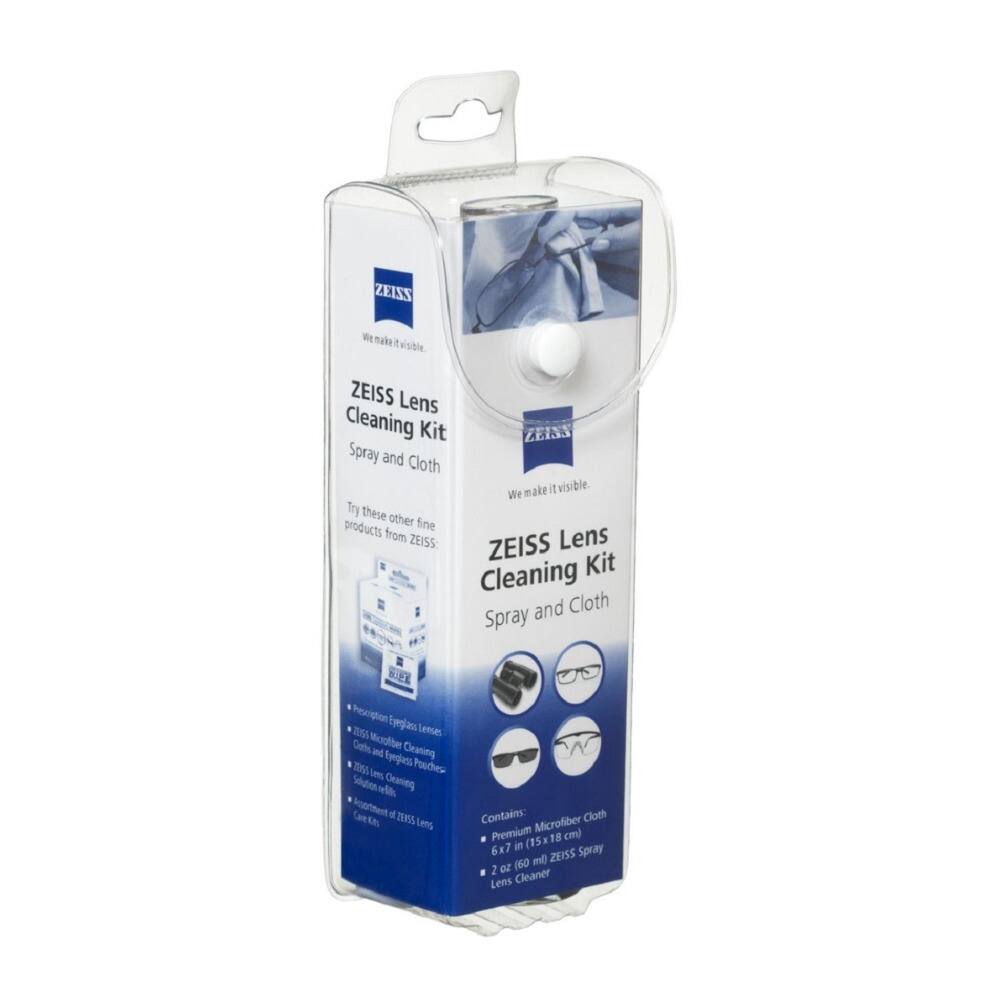 ZEISS Lens Cleaning Kit  
Spray and Cloth  

We make it visible.  

Try these other fine products from ZEISS:  
- Prescription Eyeglass Lens Cleaner  
- ZEISS Microfiber Cleaning Cloth and Lens Cleaning Pouches  
- ZEISS Lens Cleaning Spray  

Contains:  
- Premium Microfiber Cloth (15 x 18 cm / 6 x 7 in)  
- 2 oz (60 ml) ZEISS Spray Lens Cleaner  

We make it visible.
