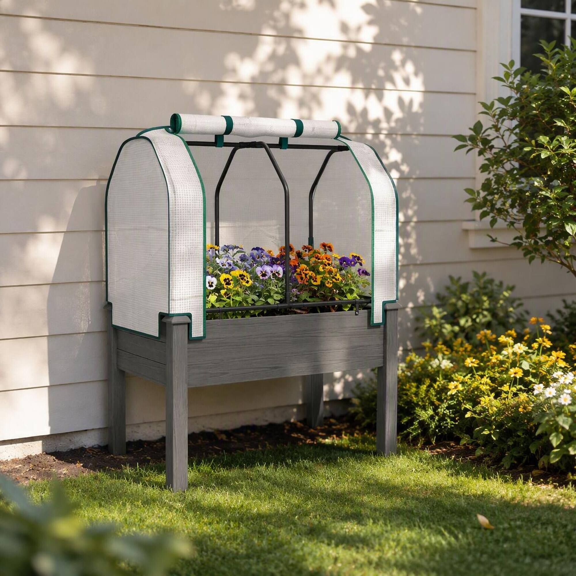 Angle. RYHNUYNE - Raised Garden Bed Planter Box with Legs, Dark Gray Fir Wood and Steel Frame, PE Roll-Up Cover, Breathable Fabric - Dark Gray.