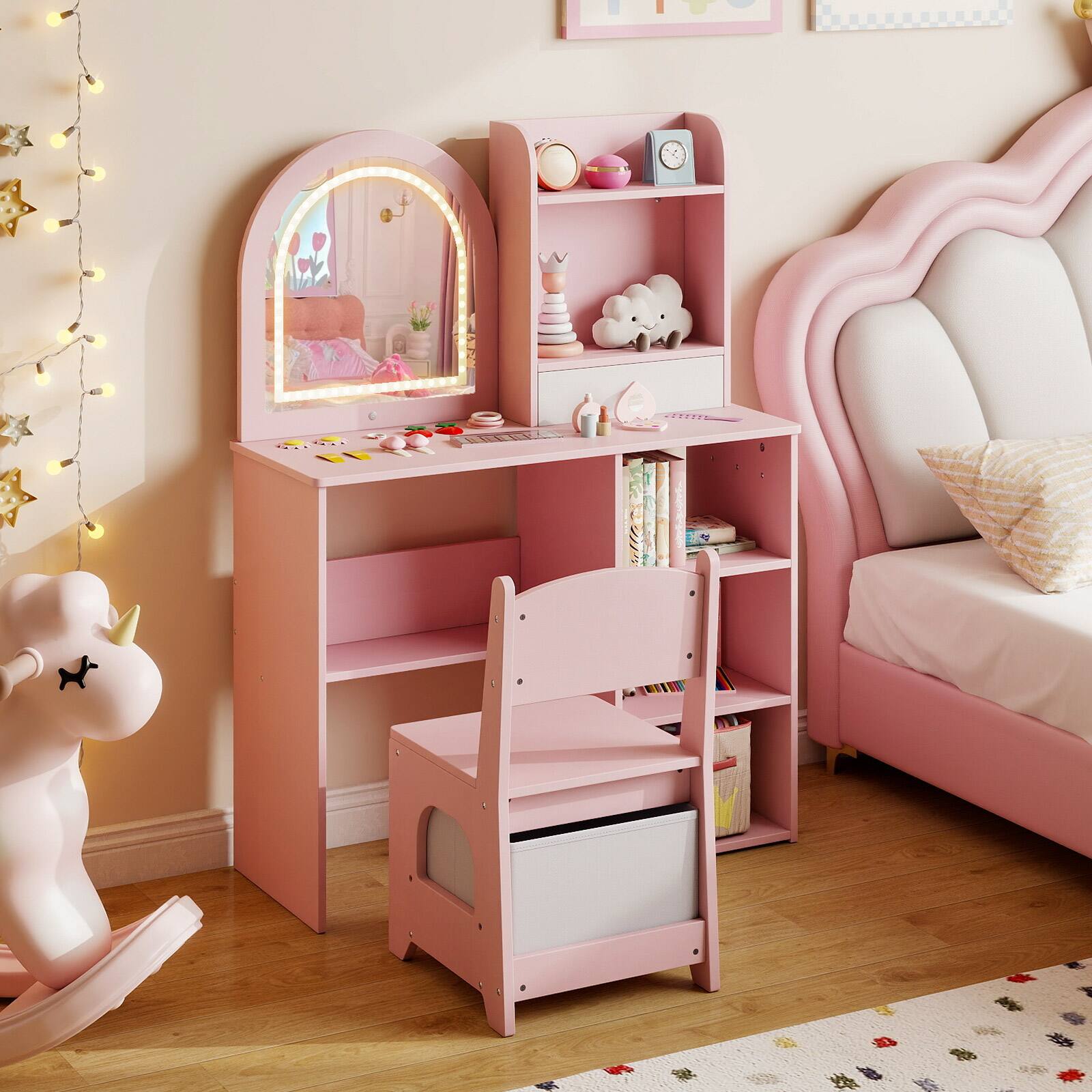 Alt View 3. Costway - Costway Kids Vanity Set Princess Girls Makeup Vanity Desk with 3-Color LED Lighted Mirror - Pink.
