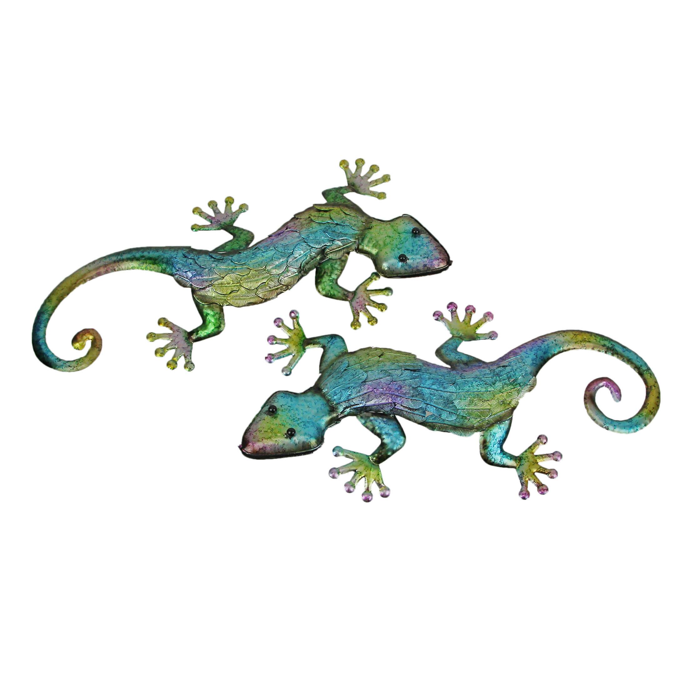 The Gerson Companies - Set of 2 Multicolor Metal Gecko Lizard Wall Sculptures 19.25 Inches Long - Multicolored