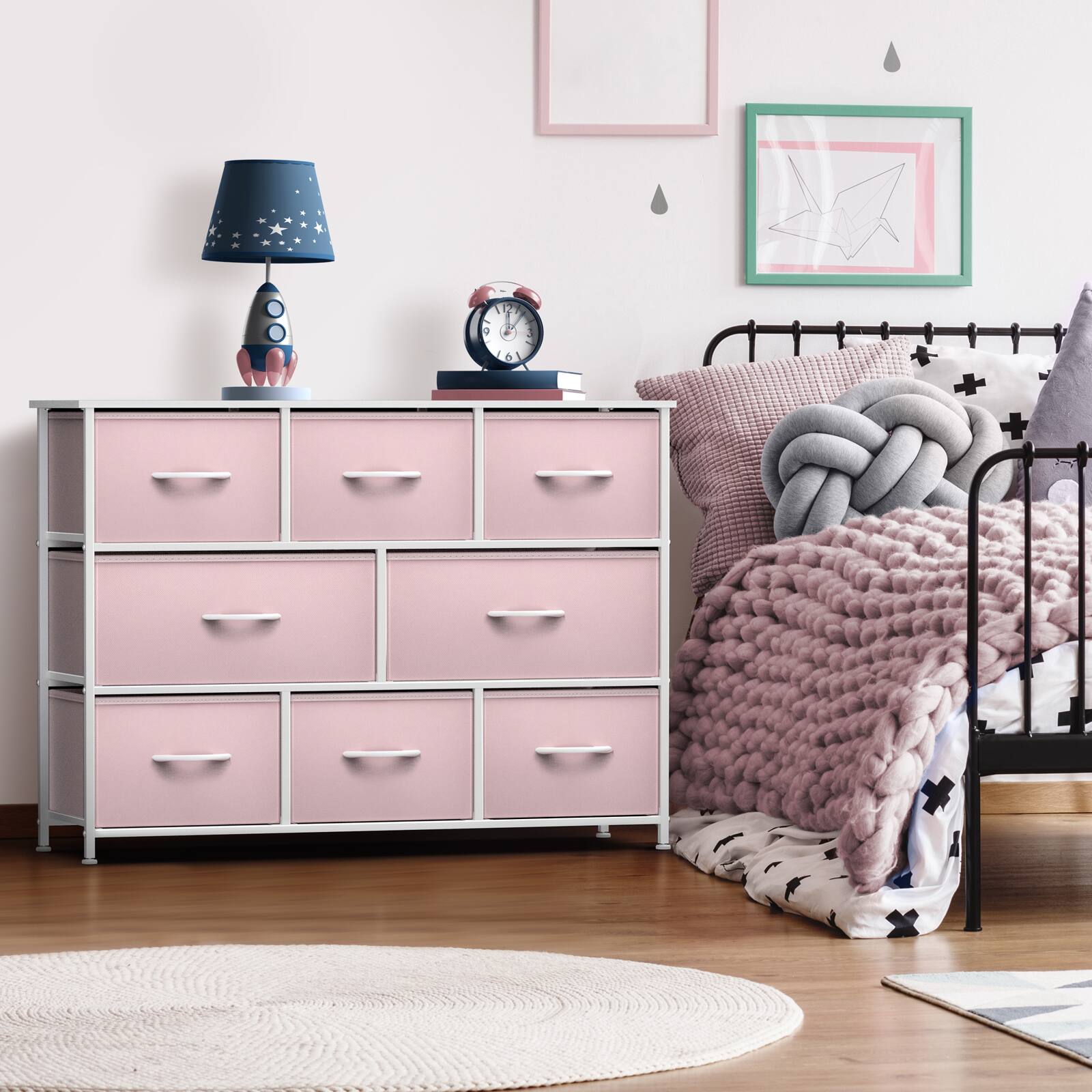 Angle. Sorbus - Sorbus 8 Drawers Wide Dresser - Organizer Unit with Steel Frame, Wood Top, and Handle, and Fabric Bins - Pink.