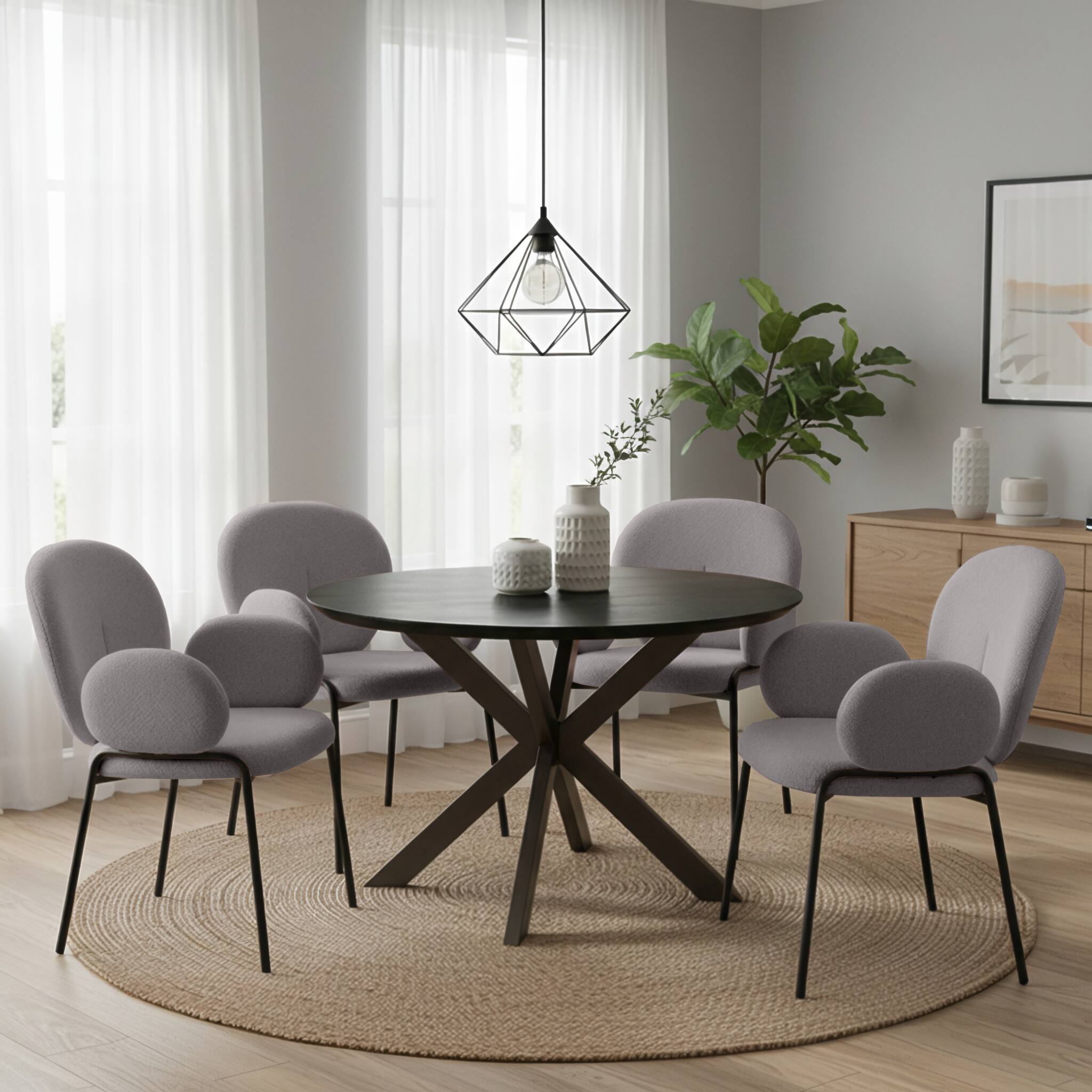 Angle. LeisureMod - Celestial 2-PCS Mid-Century Boucle Armchair, Cushioned Teddy Fabric Desk Vanity Dining Chair with Arms, Black Iron Legs - Grey.