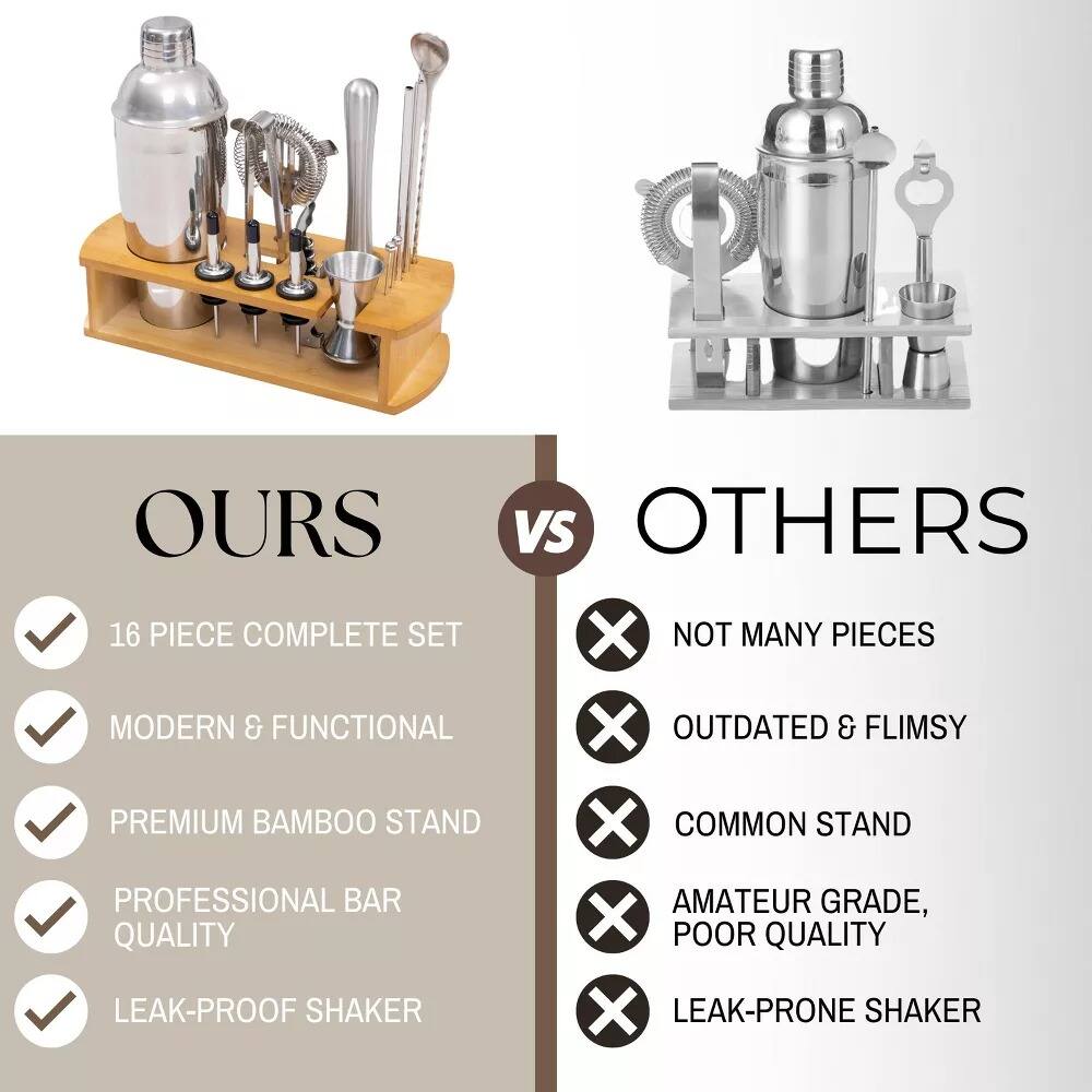 **OURS VS OTHERS**

- **OURS**
  - 16 PIECE COMPLETE SET
  - MODERN & FUNCTIONAL
  - PREMIUM BAMBOO STAND
  - PROFESSIONAL BAR QUALITY
  - LEAK-PROOF SHAKER

- **OTHERS**
  - NOT MANY PIECES
  - OUTDATED & FLIMSY
  - COMMON STAND
  - AMATEUR GRADE, POOR QUALITY
  - LEAK-PRONE SHAKER