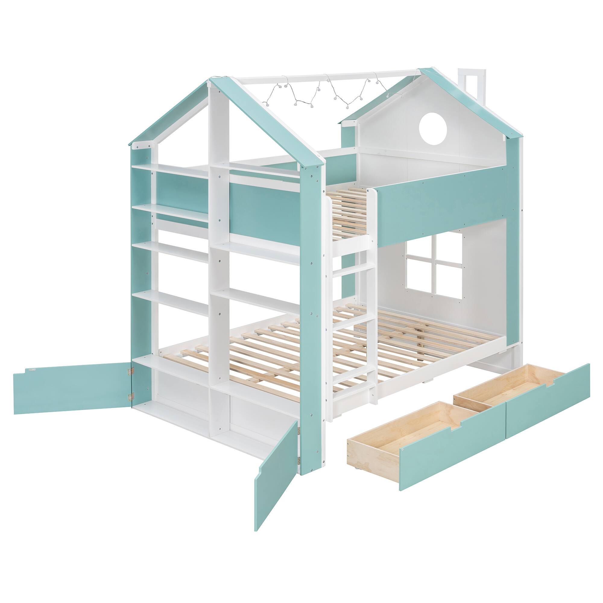Alt View 2. Anysun - Full Size Bunk Bed with Storage Drawers & Shelves, Two-Tone Wood, Light Strip, Space-Saving Bedroom Furniture - Blue.