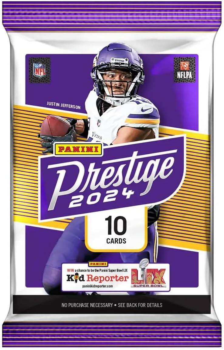 VianOs NFL NFLPA JUSTIN JEFFERSON PANINI Prestige 2024 10 CARDS PAKIMI WIN a chance to be the Panini Super Bowl LIX Kfd Reporter lax paninikidreporter.com SUPER BOWL NO PURCHASE NECESSARY SEE BACK FOR DETAILS