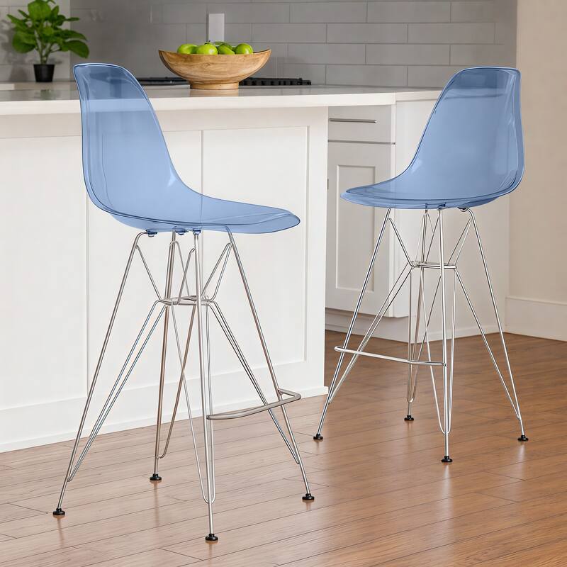 Angle. LeisureMod - Cresco Modern Acrylic Barstool, Clear Swivel Counter Height Stool with Chrome Base Footrest - Transparent Blue.