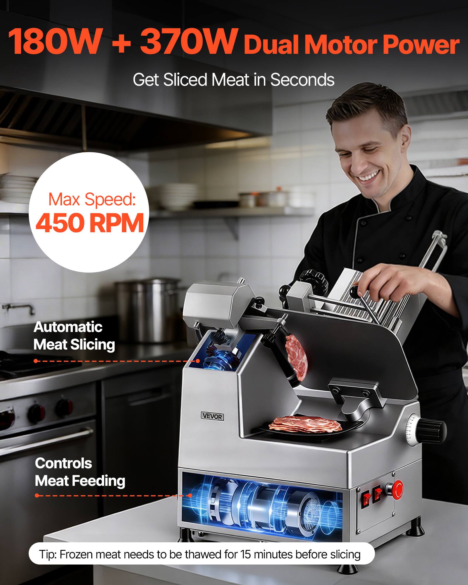180W + 370W Dual Motor Power  
Get Sliced Meat in Seconds  

Max Speed: 450 RPM  

Automatic Meat Slicing  

Controls Meat Feeding  

Tip: Frozen meat needs to be thawed for 15 minutes before slicing