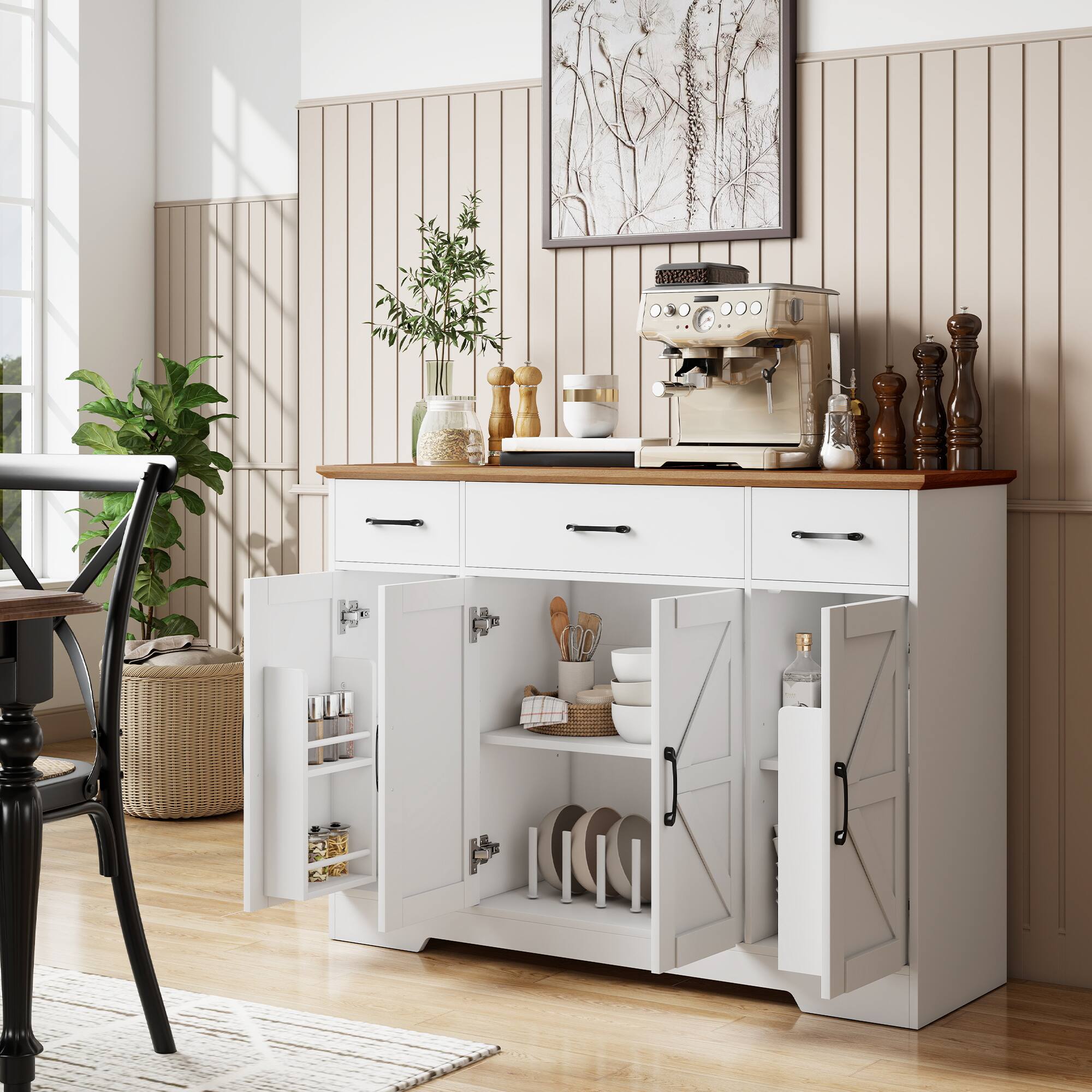 Alt View 1. Homcom - Buffet Cabinet with Soft-Close Hinges, Farmhouse Sideboard with 3 Drawers - White.