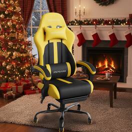 RSPGAME - Basic Gaming Chairs Faux Leather Ergonomic Spring Cushion Computer Desk Chair w/ Lumbar Support and Retractable Footrest - Black & Yellow