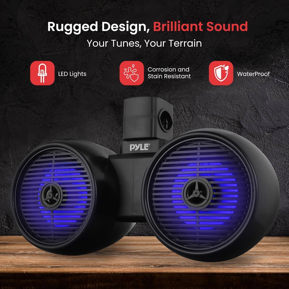 Rugged Design, Brilliant Sound  
Your Tunes, Your Terrain  

- LED Lights  
- Corrosion and Stain Resistant  
- Waterproof  

PYLE