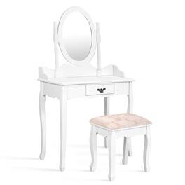 Gymax - Vanity Wood Makeup Dressing Table Stool Set w/ Drawer & Mirror Jewelry Desk - White