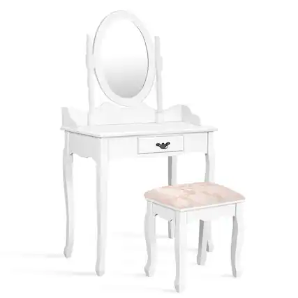 Front. Gymax - Gymax Vanity Wood Makeup Dressing Table Stool Set w/ Drawer & Mirror Jewelry Desk White - White.