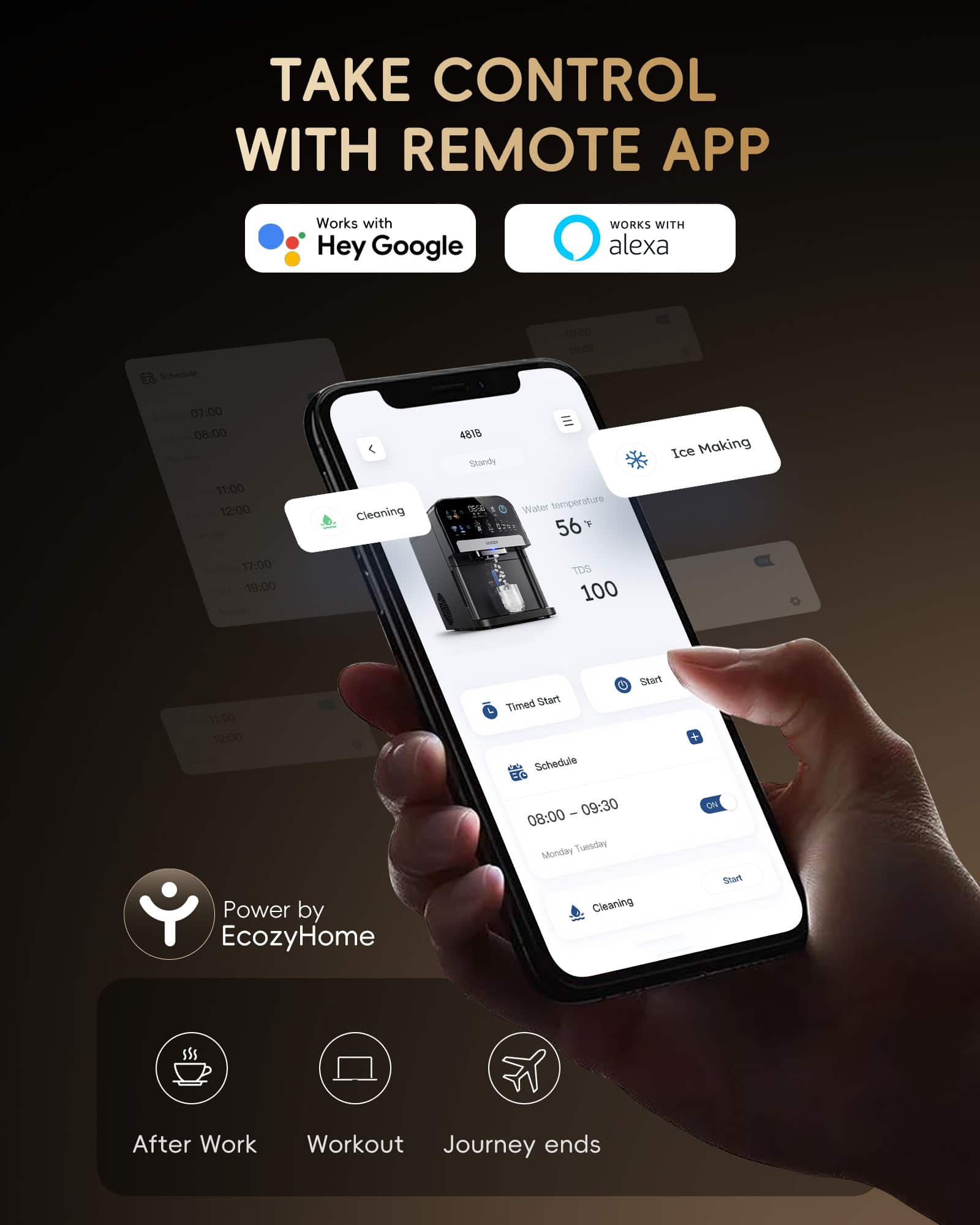 TAKE CONTROL WITH REMOTE APP Works with Hey Google WORKS WITH alexa 06:00 07:00 08:00 11:00 12:00 Cleaning 4818 Sandy & Water temperature 56 T Ice Making 17:00 19:00 TOS 100 11:00 12:00 Timed Start Schedule Start + Power by EcozyHome - 09:30 08:00 Monday Tuesdsy Cleaning ON Soart After Work Workout Journey ends