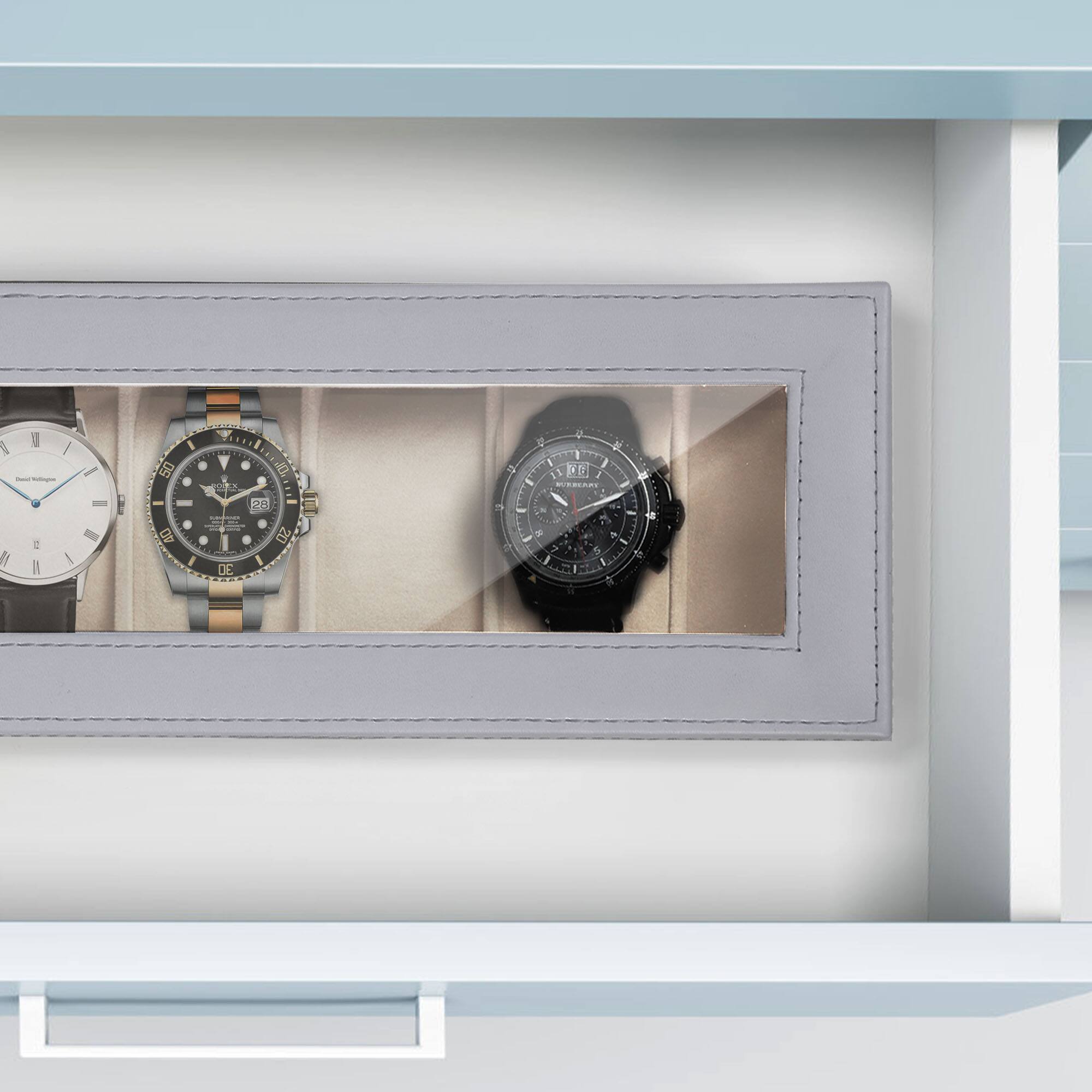 Angle. Oumilen - Watch Storage Box with Lock, Clear Top Display Watch Case with Removable Velvet Pillows， Gray - Gray.