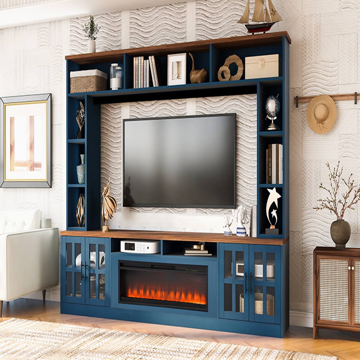 Alt View 1. Loheer - Loheer Navy Blue Media Console Entertainment Center with Electric Fireplace Wall Unit for 80 Inch TV - Navy Blue.
