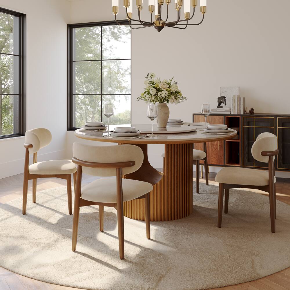 Alt View 2. POVISON - Mid-Century Modern Wood Dining Chairs Set of 2（Cotton Linen，Beige & Walnut） - Beige & Walnut.