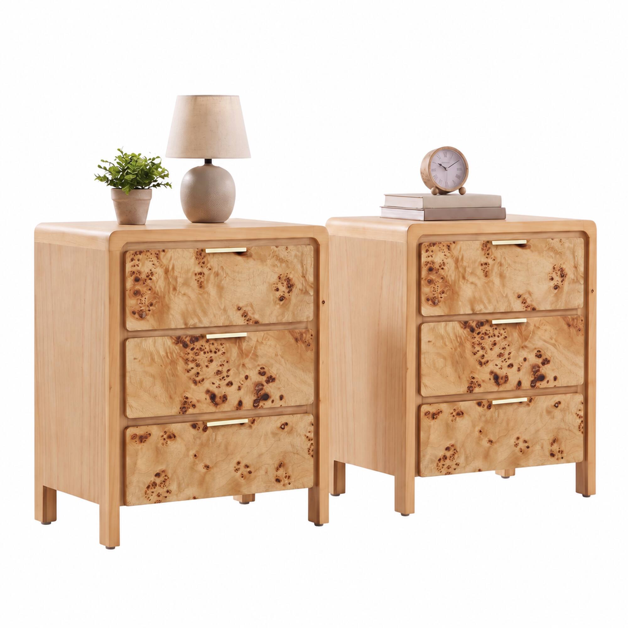 Front. COZAYH - COZAYH Farmhouse 3 Drawer Home Bedroom Nightstand w/ Burl Wood Finish, Set of 2 - Natural.