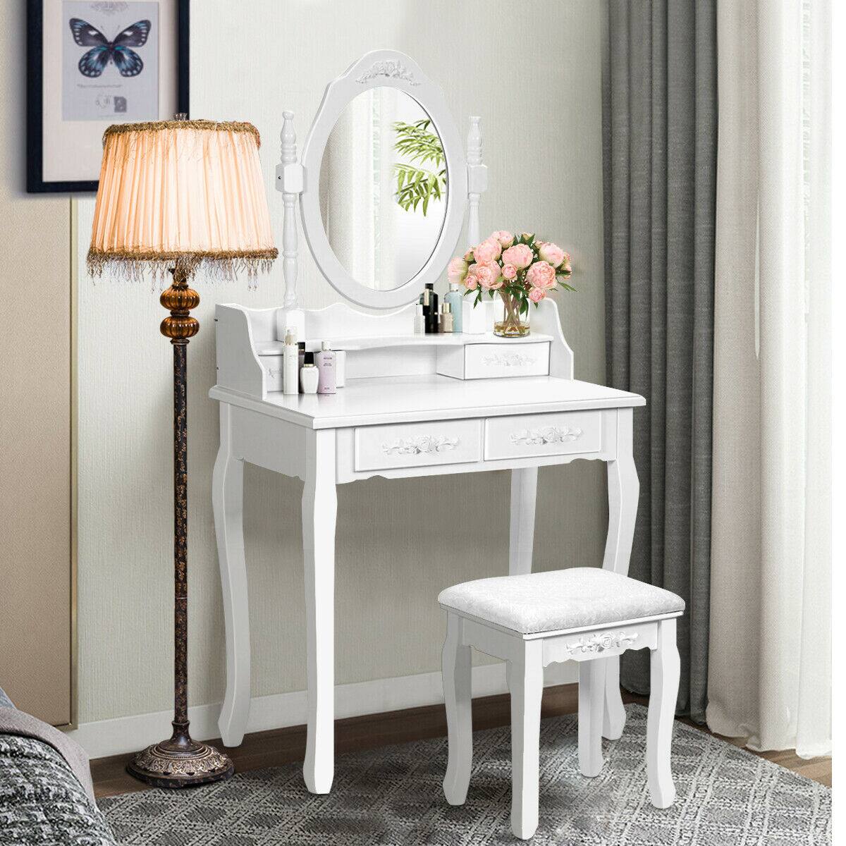 Alt View 1. Ecooso - Classic Wood Vanity Desk Set with Oval Mirror, 4 Drawers and Elegant Storage for Girls and Women - White.