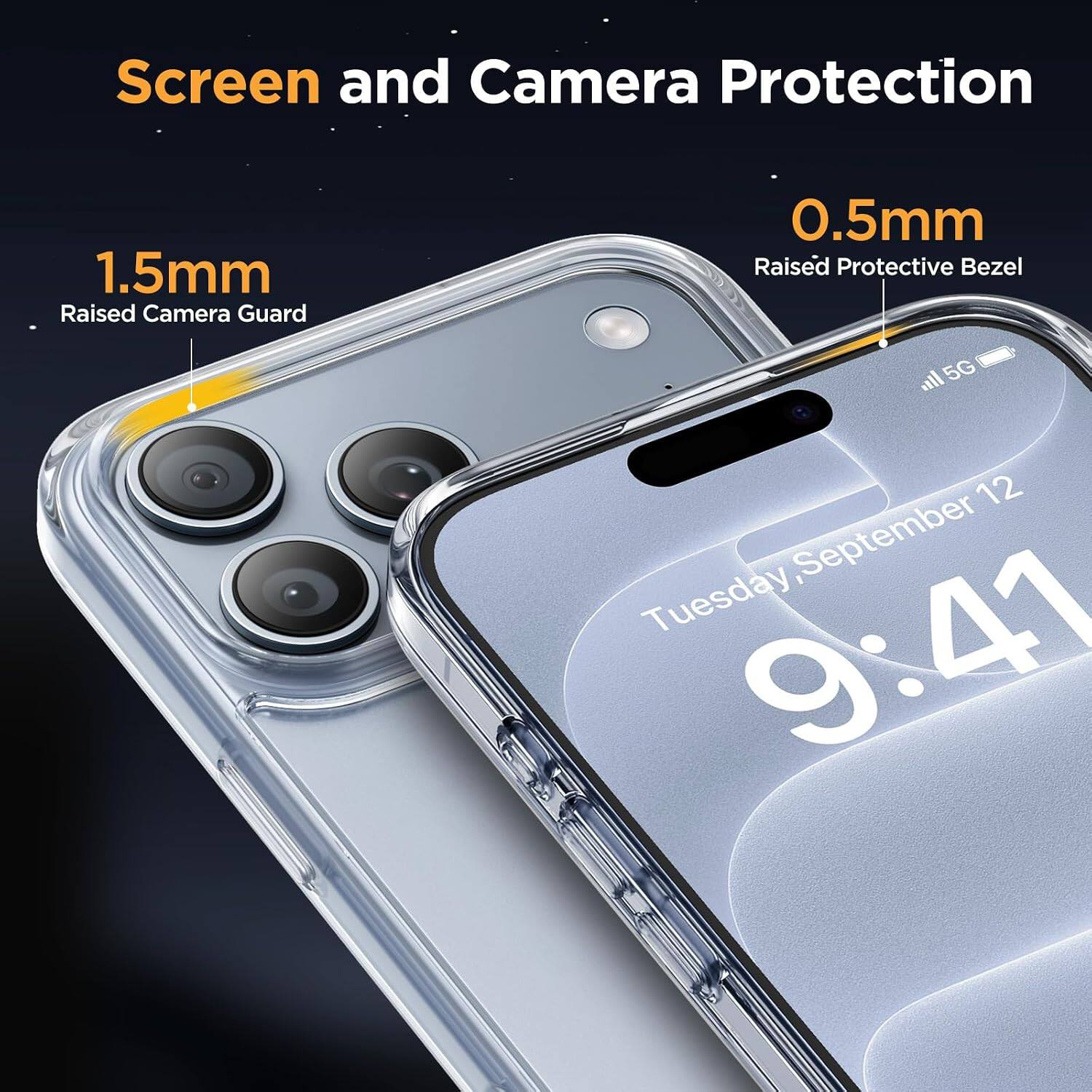 Screen and Camera Protection

1.5mm Raised Camera Guard

0.5mm Raised Protective Bezel

5G

Tuesday, September 12

9:41