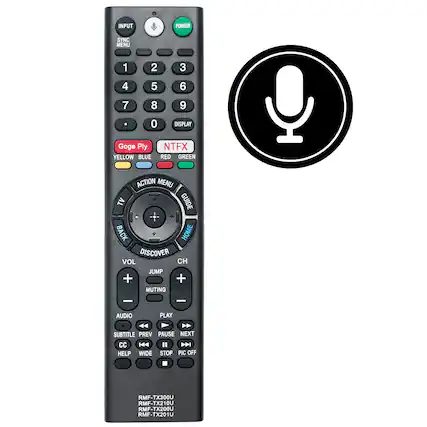 INPUT POWER SYNC MENU 1 2 3 4 5 6 7 8 9 . 0 DISPLAY Goge Ply YELLOW BLUE NTFX RED GREEN ACTION MENU TV GUIDE BACK HOME DISCOVER VOL CH JUMP + + MUTING - - AUDIO PLAY SUBTITLE PREV PAUSE NEXT CC H " D HELP WIDE STOP PIC OFF RMF-TX300U RMF-TX210U RMF-TX200U RMF-TX201U
