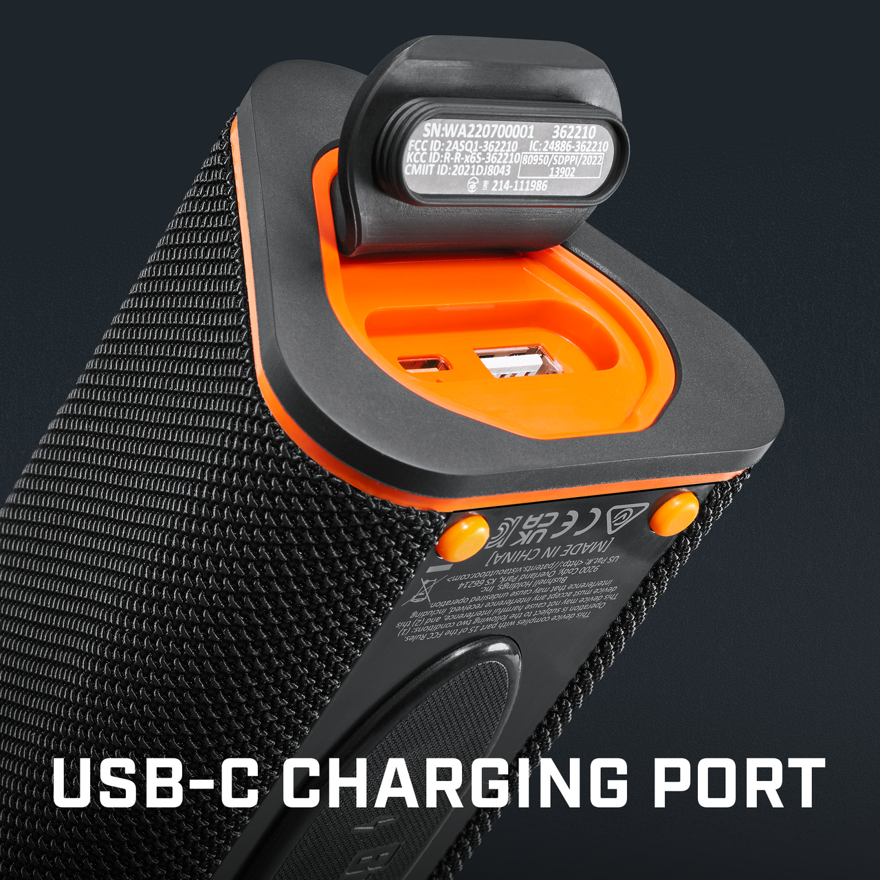 The text on the image reads: "SN:WA220700001 362210 FCC ID: 2ASQ1-362210 IC: C:24886-362210 KCC ID:R-R-x6S-362210 ID:R- 80950/5DPPI/2022 CMIT ID: 2021DJ8043 13502 214-111986 CELA CA UK CHINA) NI [MADE 6p 9:5 D SDEY n O Bushnel HO 2 30 s J8 no SEES M 257 A Lue CAOORIND uto t e in ANE Ao d sagnr F Aaj P F i1pu M 2R0 V compi F) ONND sra USB-C CHARGING PORT."