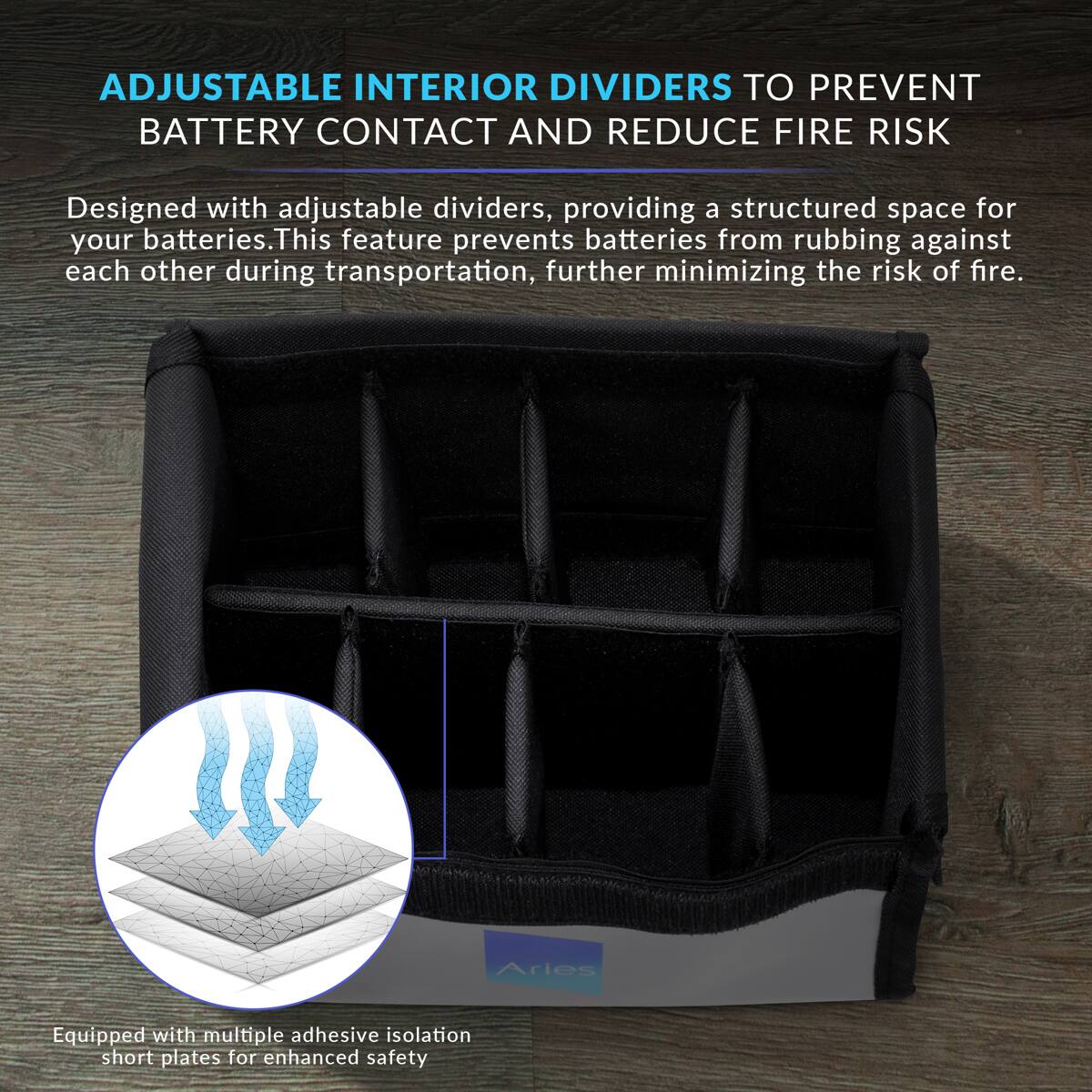 ADJUSTABLE INTERIOR DIVIDERS TO PREVENT BATTERY CONTACT AND REDUCE FIRE RISK

Designed with adjustable dividers, providing a structured space for your batteries. This feature prevents batteries from rubbing against each other during transportation, further minimizing the risk of fire.

Equipped with multiple adhesive isolation short plates for enhanced safety